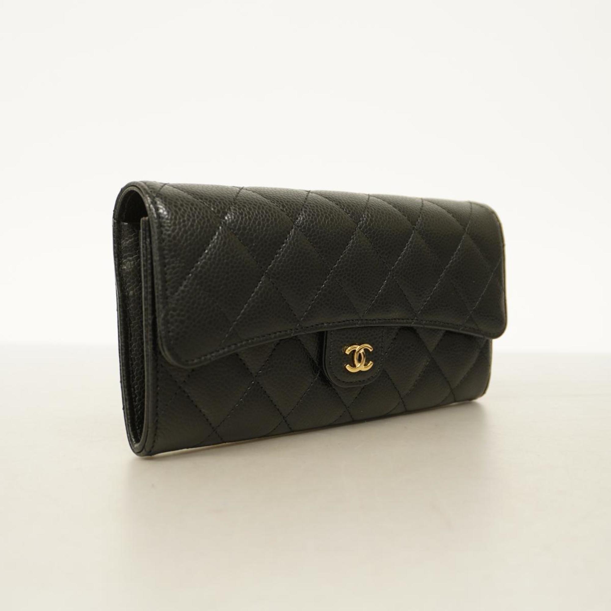 Chanel Long Wallet Matelasse Caviar Skin Black Women's