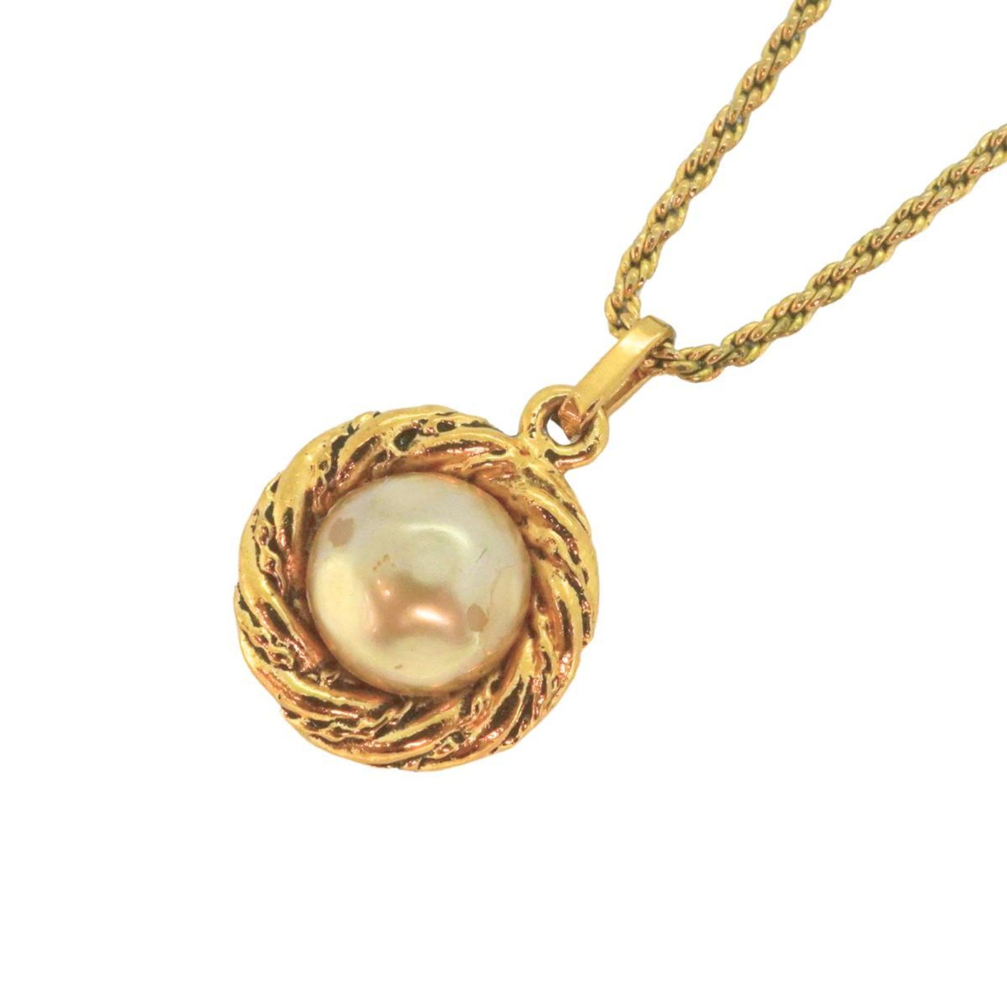 Chanel Necklace Circle Faux Pearl GP Plated Gold Women's