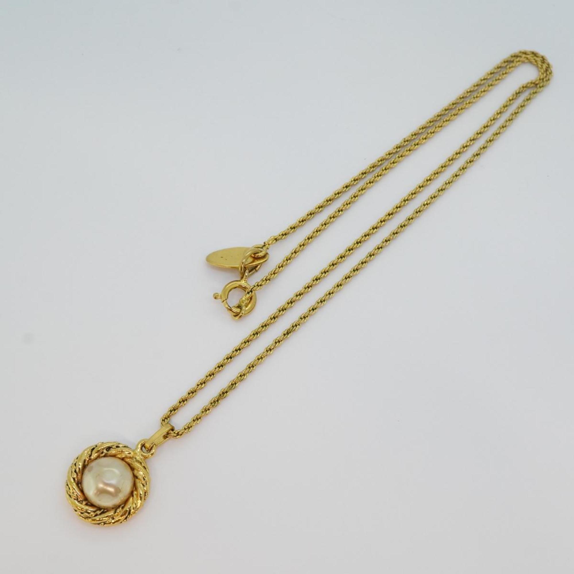 Chanel Necklace Circle Faux Pearl GP Plated Gold Women's