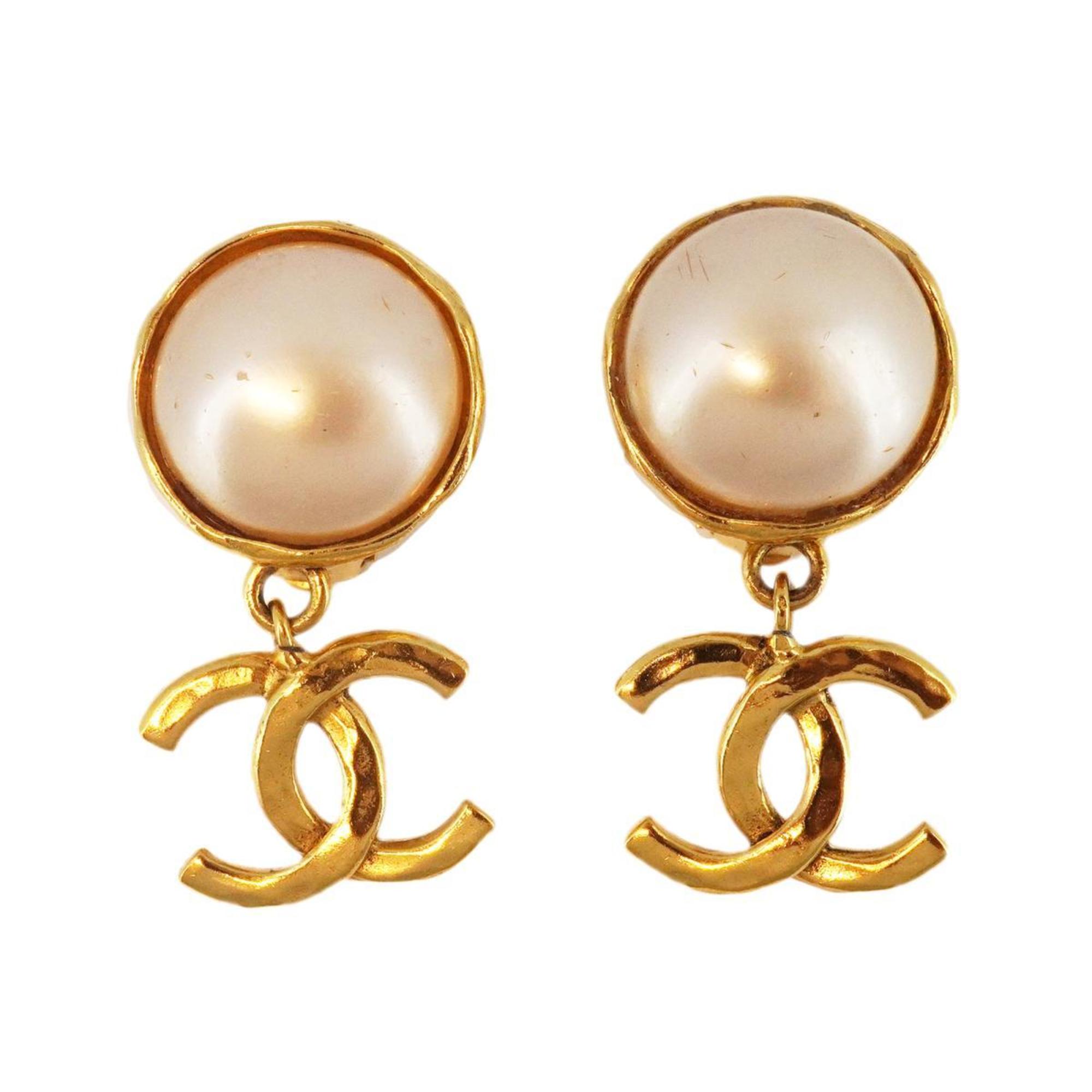 Chanel Earrings Coco Mark Fake Pearl GP Plated Gold 94A Women's