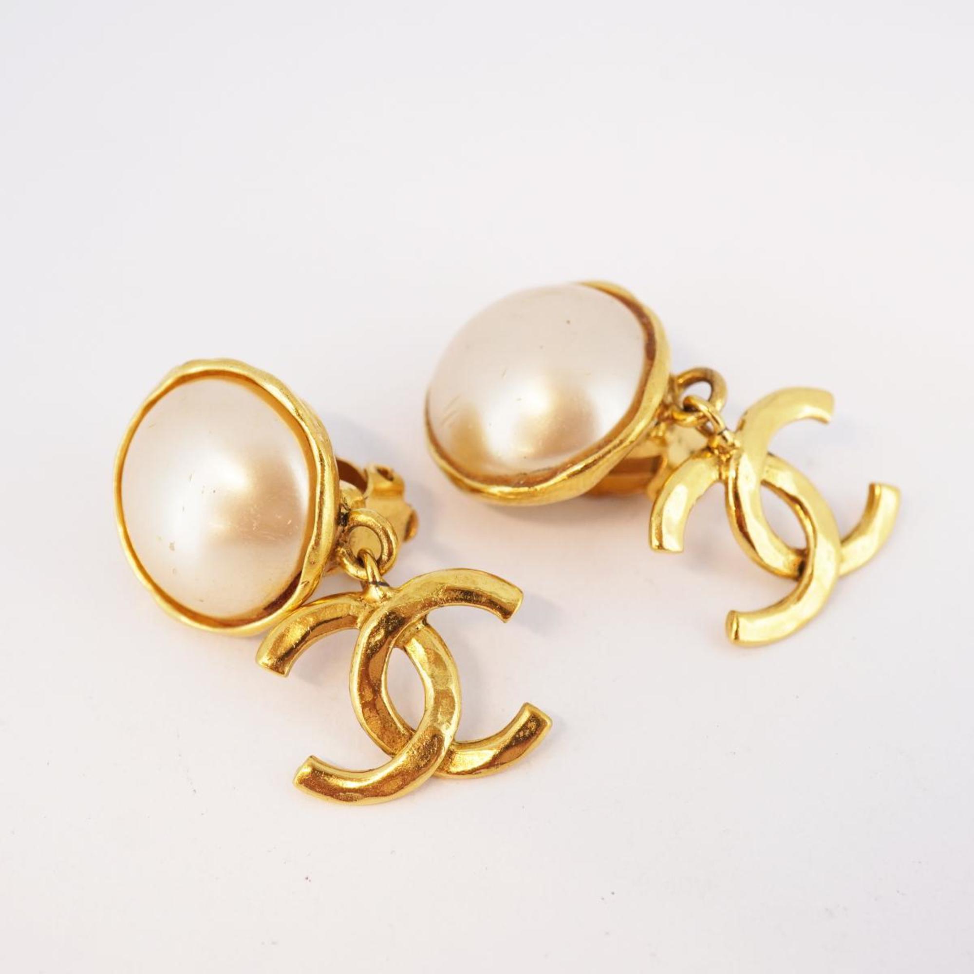 Chanel Earrings Coco Mark Fake Pearl GP Plated Gold 94A Women's