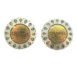 Chanel Earrings Circle Metal Silver Green Yellow 99A Women's