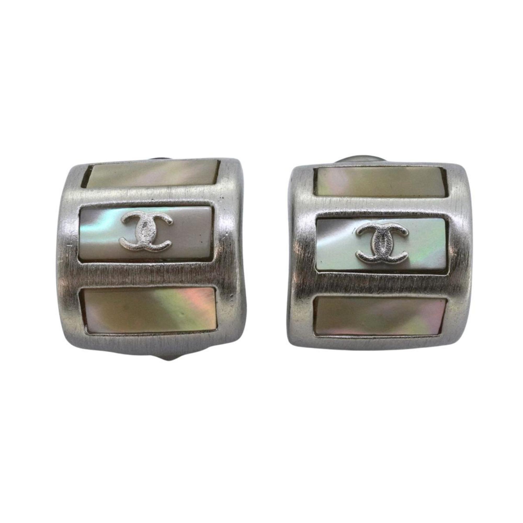 Chanel Earrings Coco Mark Square Metal Shell Silver 99A Women's