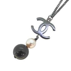 Chanel Necklace Coco Mark Faux Pearl Color Stone Gunmetal Black Grey B14B Women's