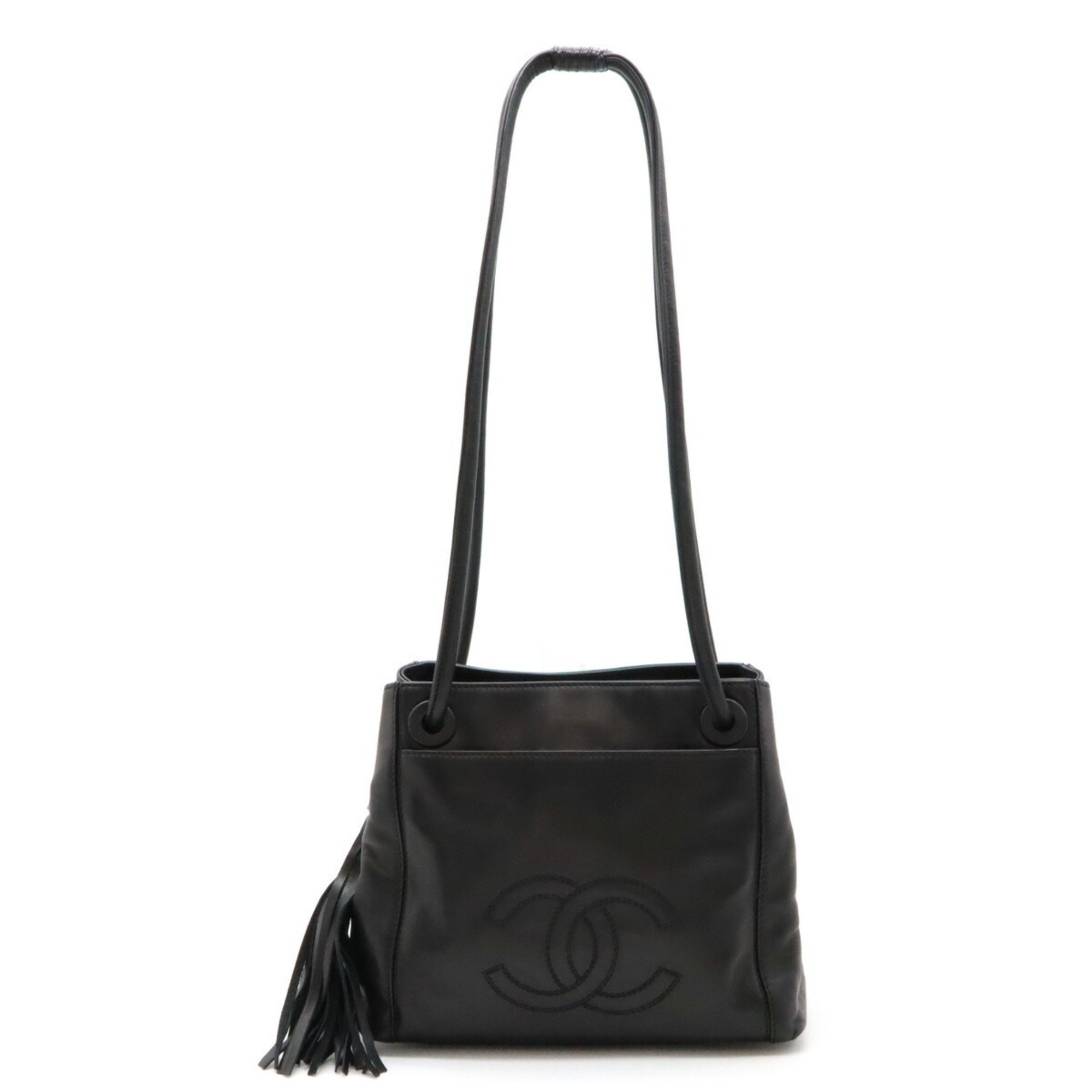 CHANEL Coco Mark Tassel Shoulder Bag Tote Leather Black