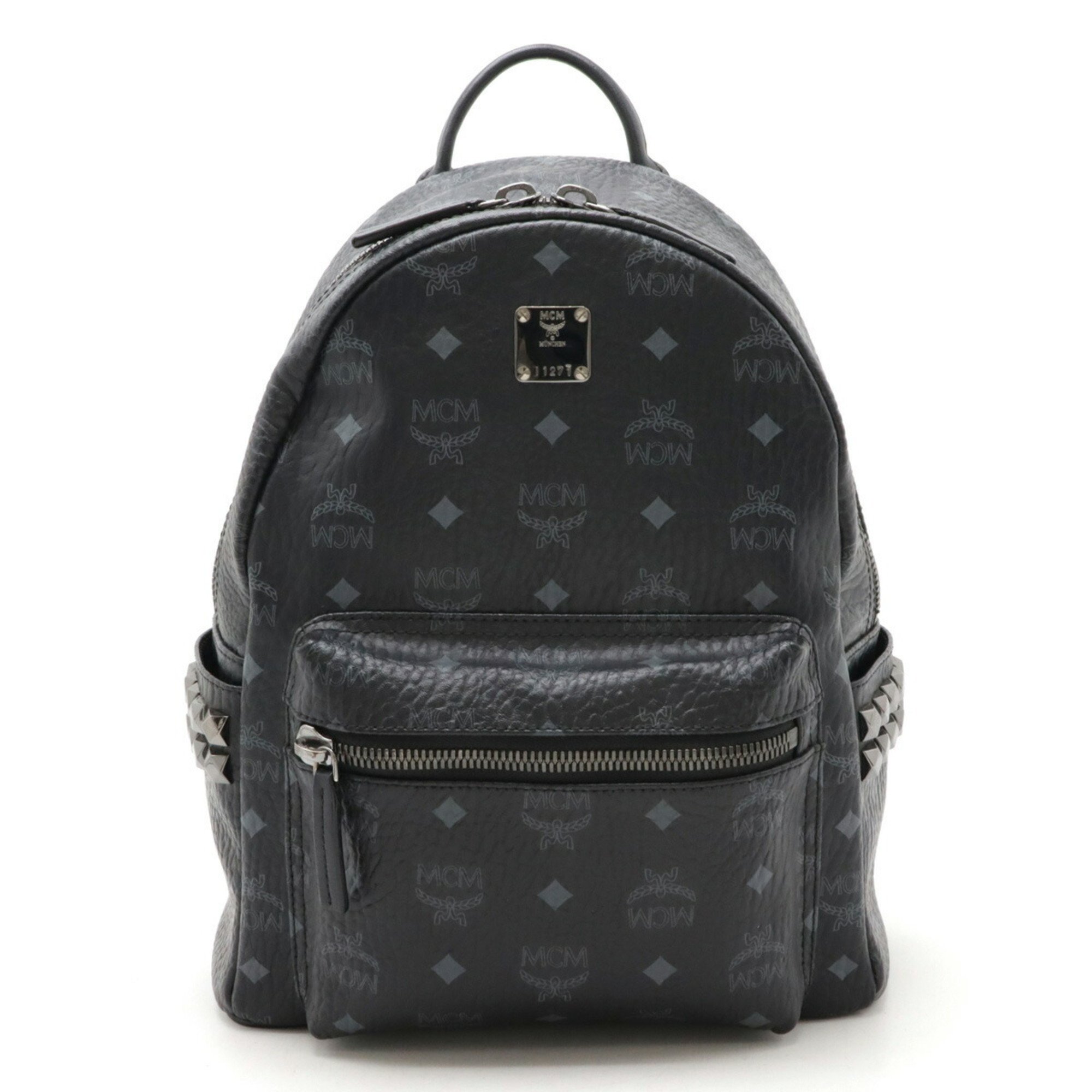 MCM Glam Visetos Backpack Leather Studs Black Grey MMK6SV37BK001