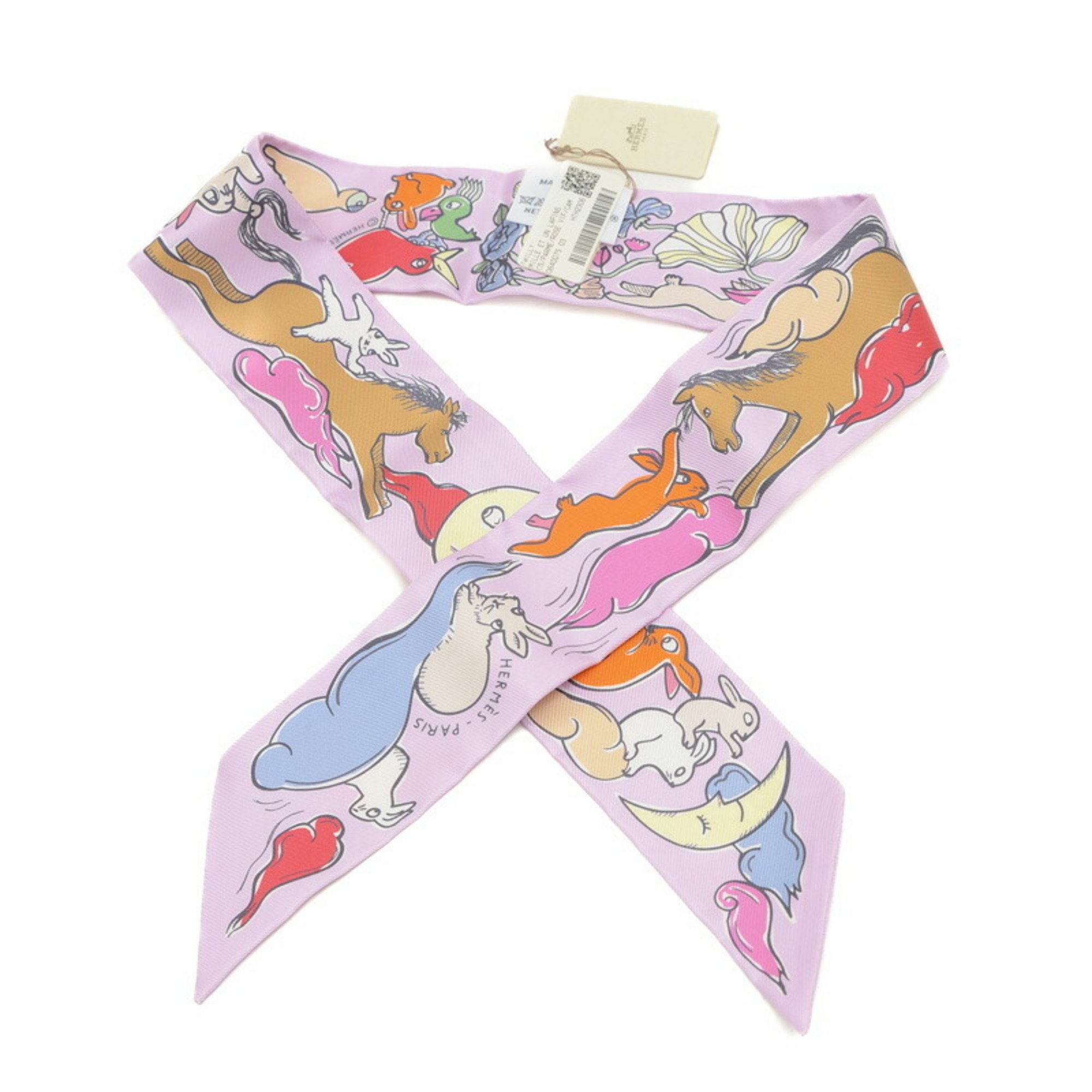 Hermes Twilly Thousand and One Rabbits Mille et Lapins Scarf Purple 100% Silk