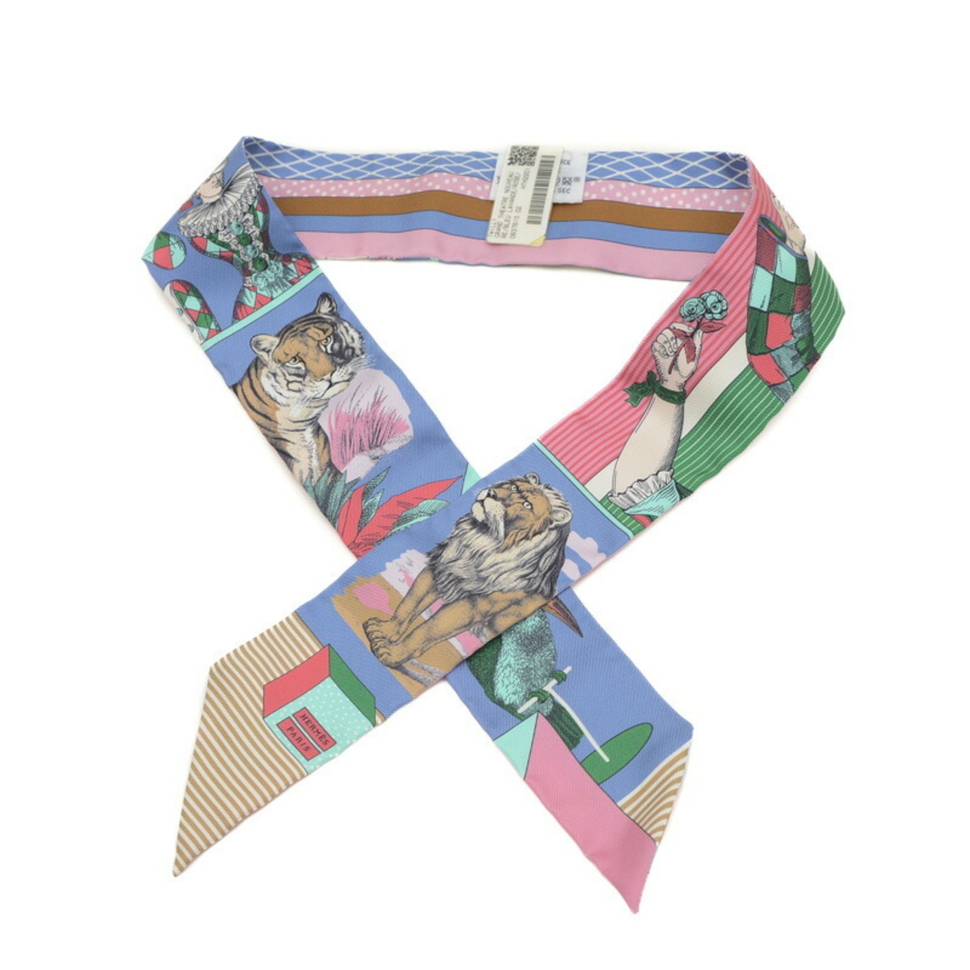 Hermes Twilly GRAND THEATRE NOUVEAU Blue Rabbit Scarf Rose Vert