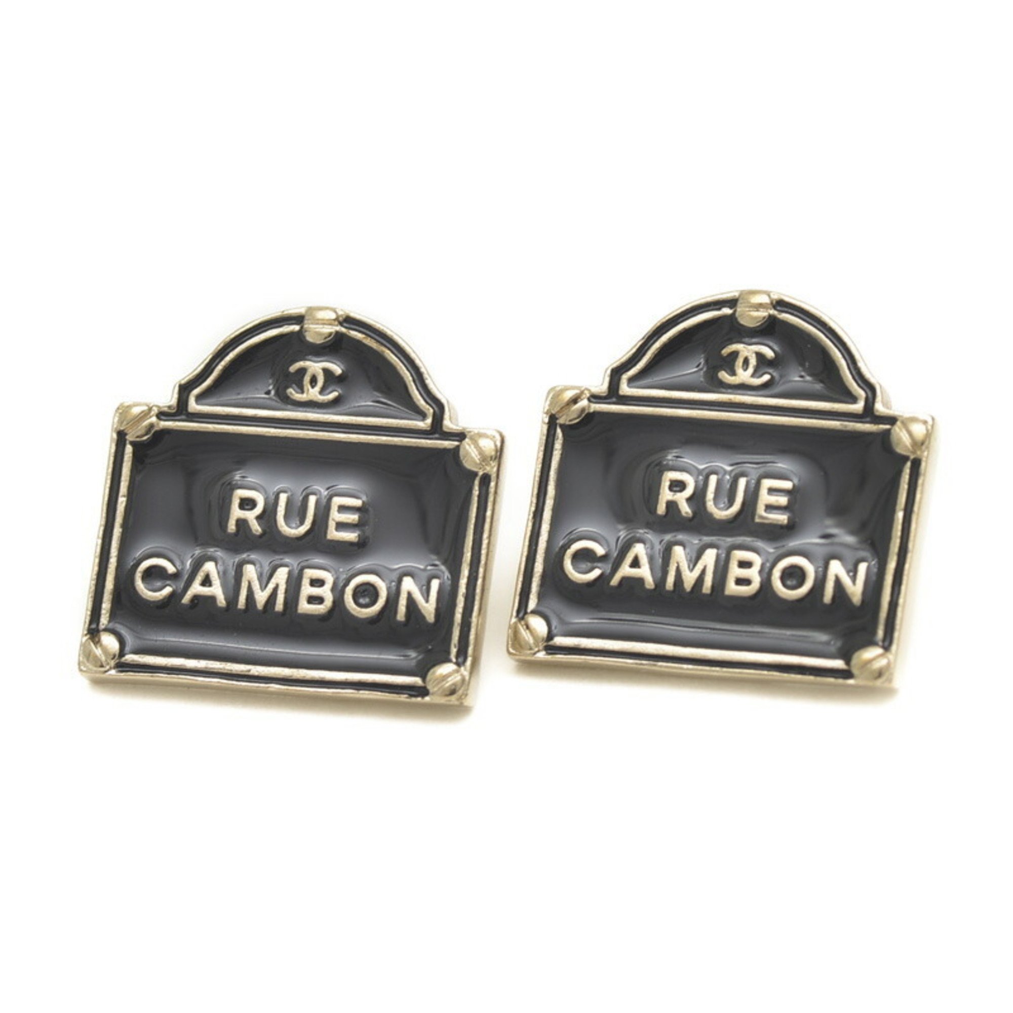 Chanel Earrings Coco Mark Cambon Store Sign Matte Gold Black B15S