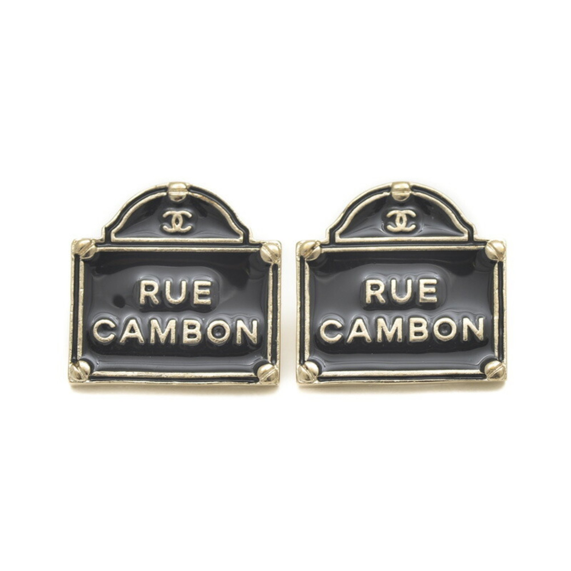 Chanel Earrings Coco Mark Cambon Store Sign Matte Gold Black B15S