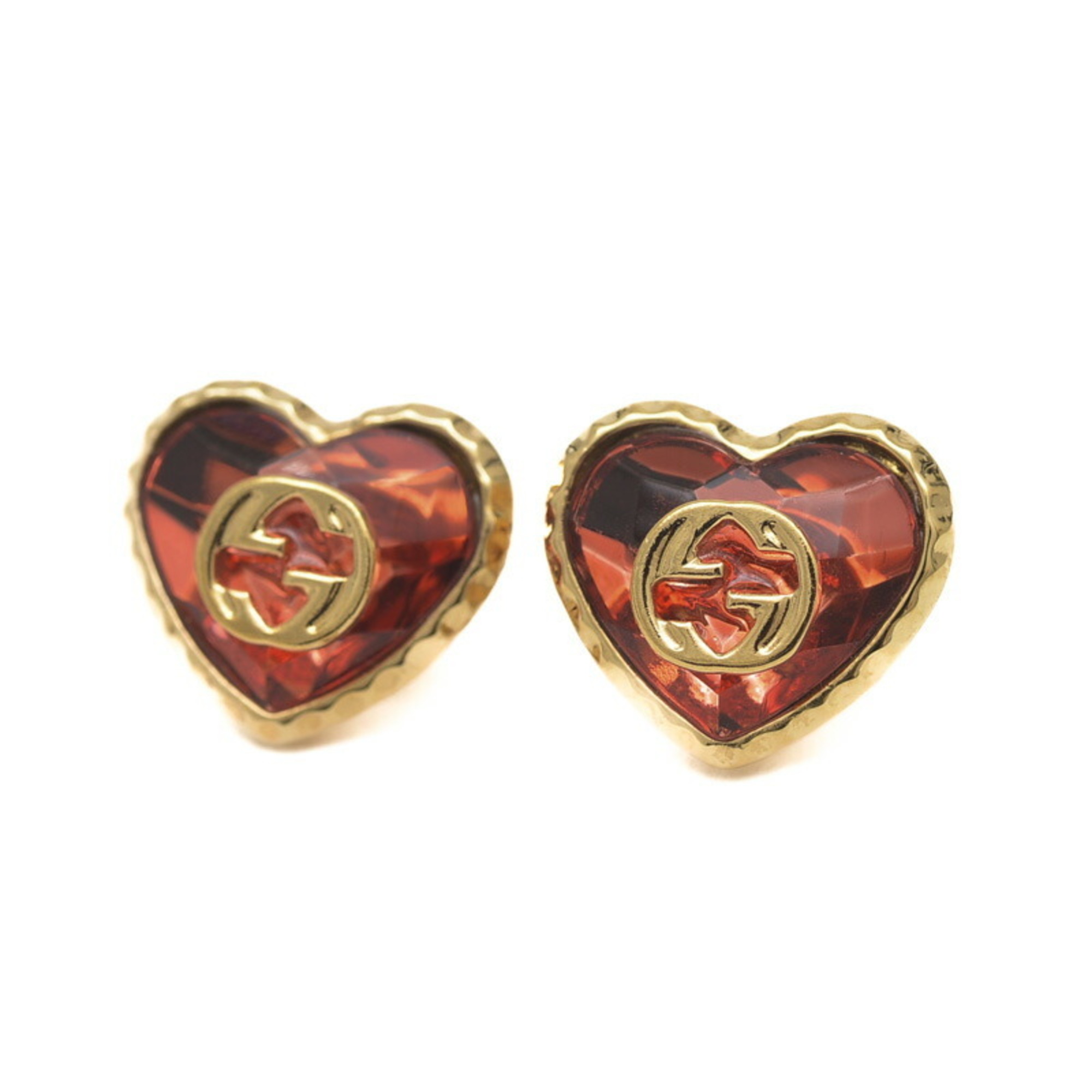 Gucci Interlocking G Heart Motif Earrings in Color Stone, Gold and Red