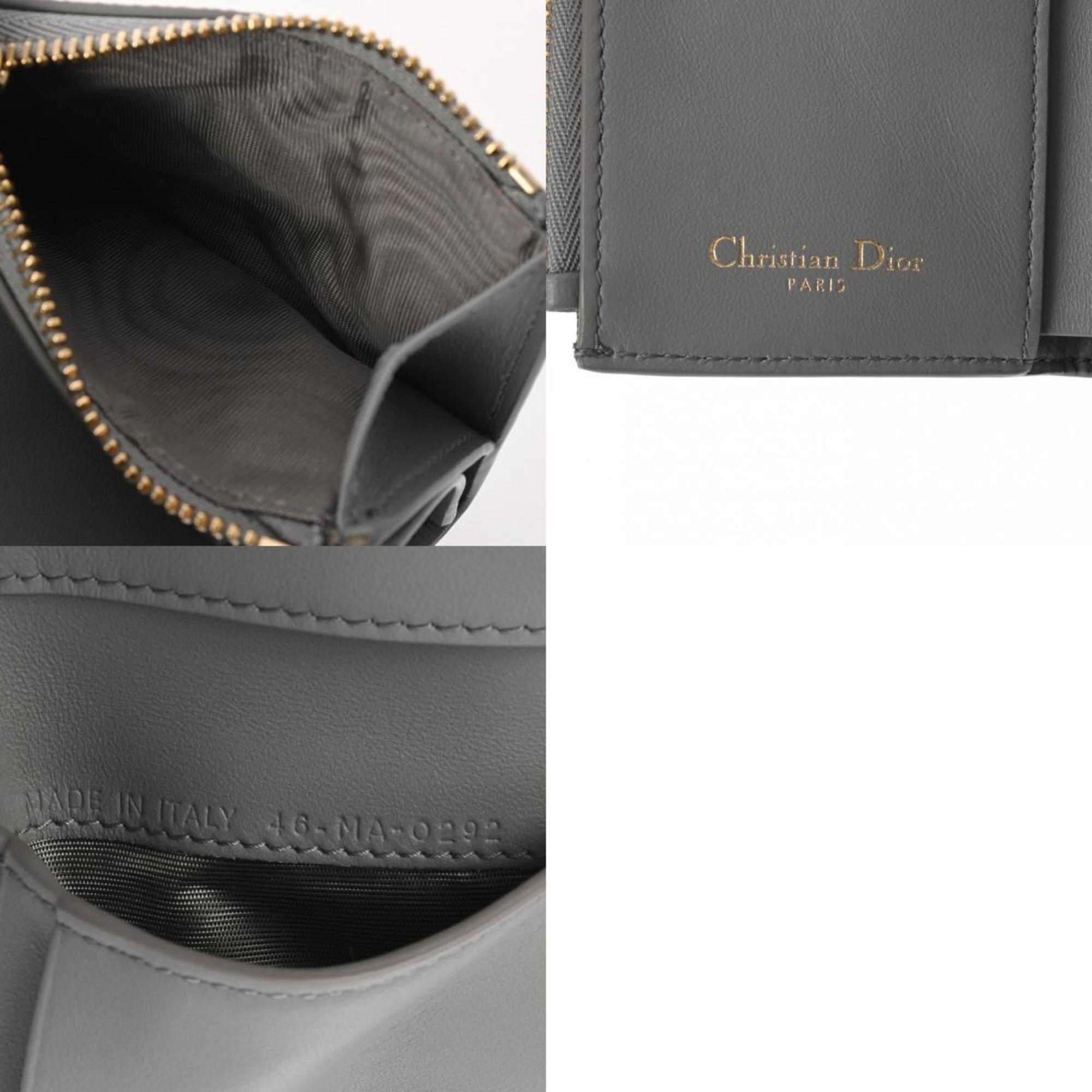 CHRISTIAN DIOR Lotus Wallet Grey Women's Leather Tri-fold