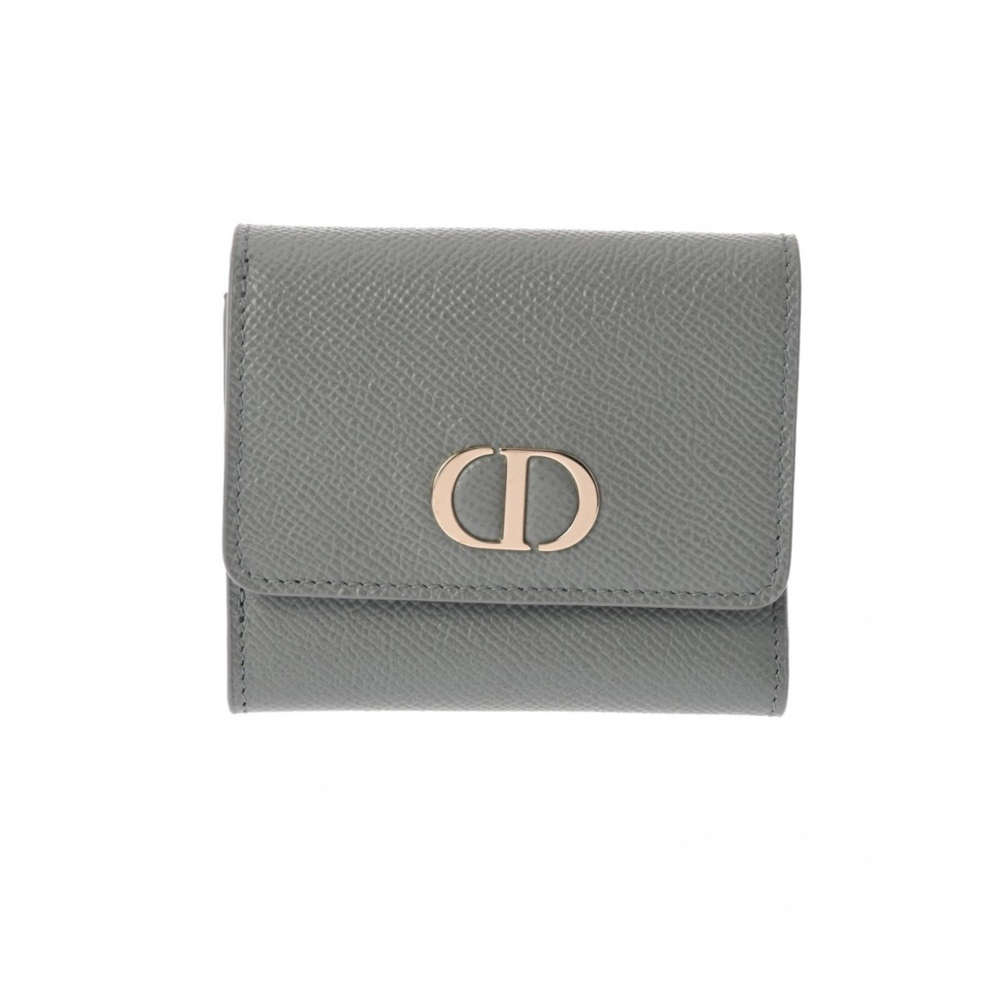 CHRISTIAN DIOR Lotus Wallet Grey Women's Leather Tri-fold