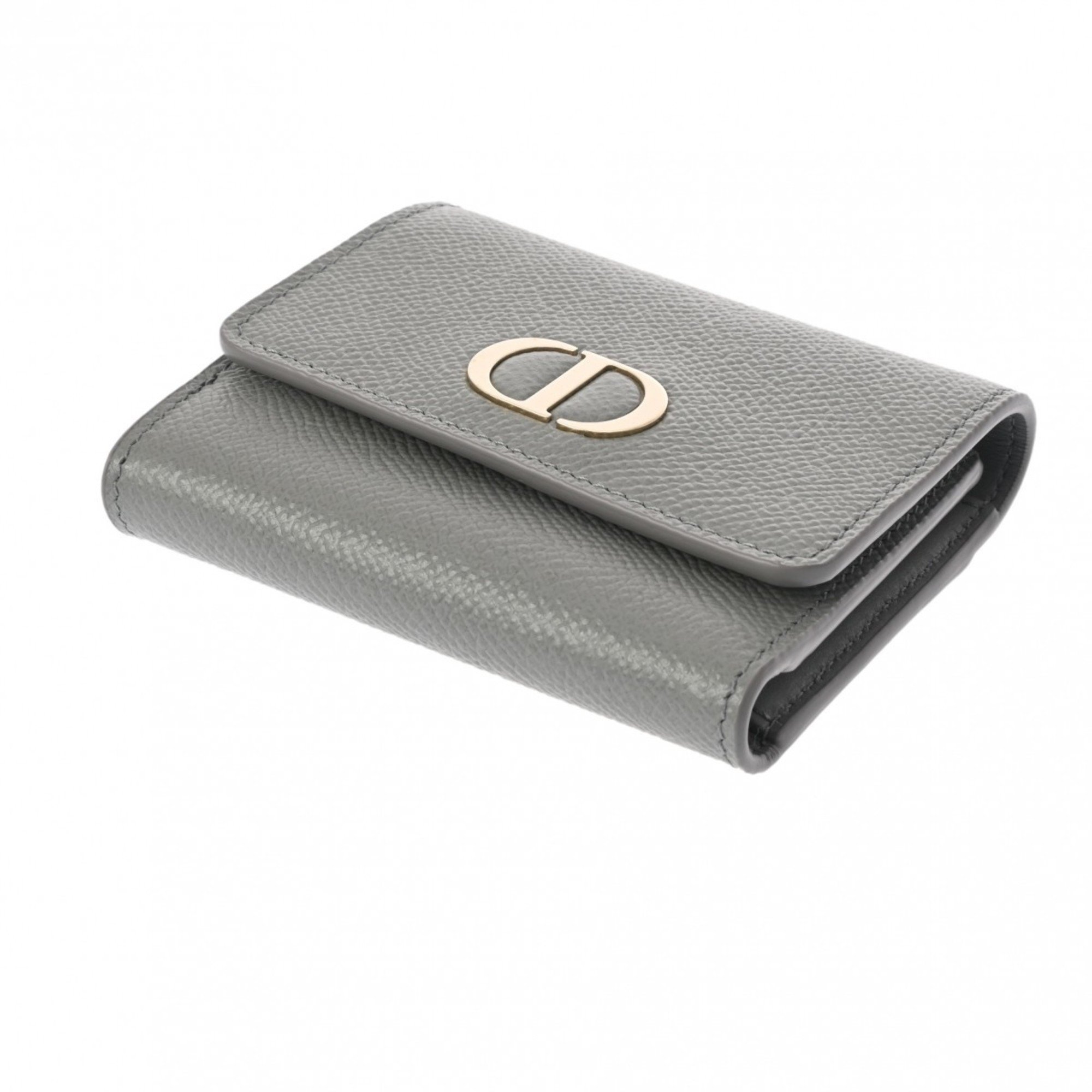 CHRISTIAN DIOR Lotus Wallet Grey Women's Leather Tri-fold