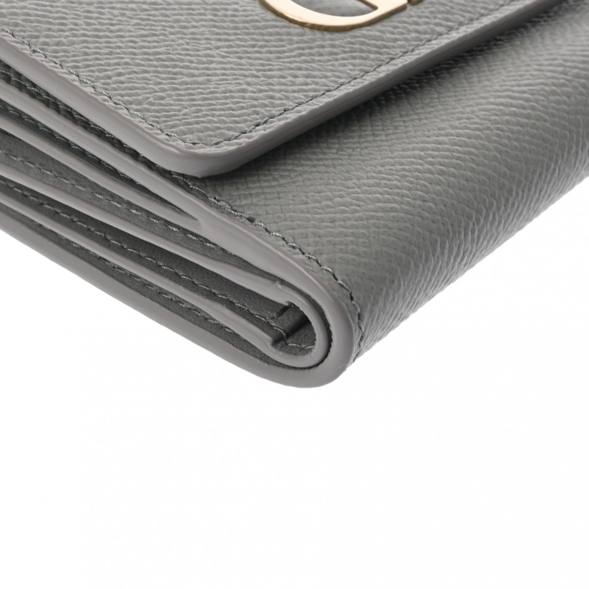 CHRISTIAN DIOR Lotus Wallet Grey Women's Leather Tri-fold