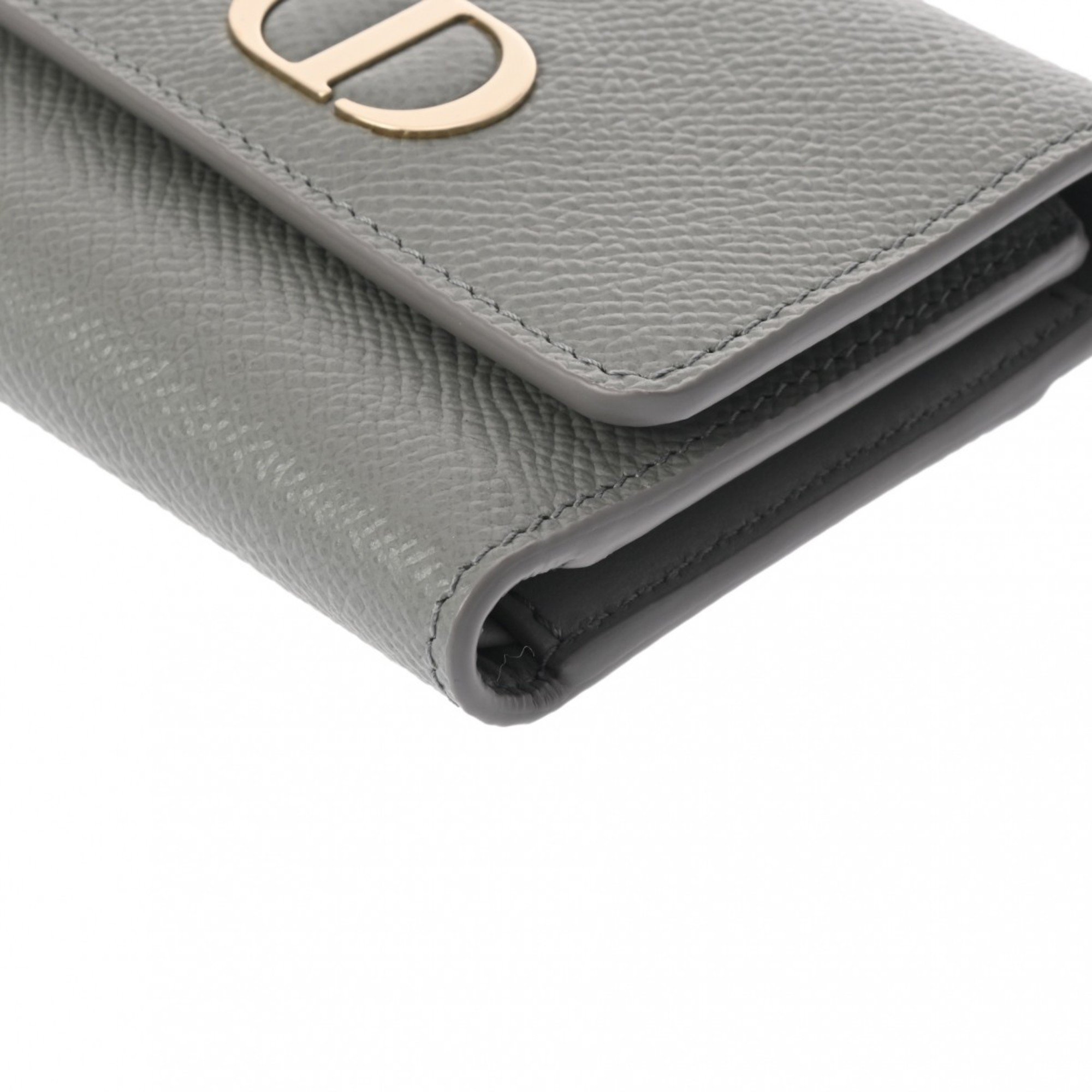 CHRISTIAN DIOR Lotus Wallet Grey Women's Leather Tri-fold