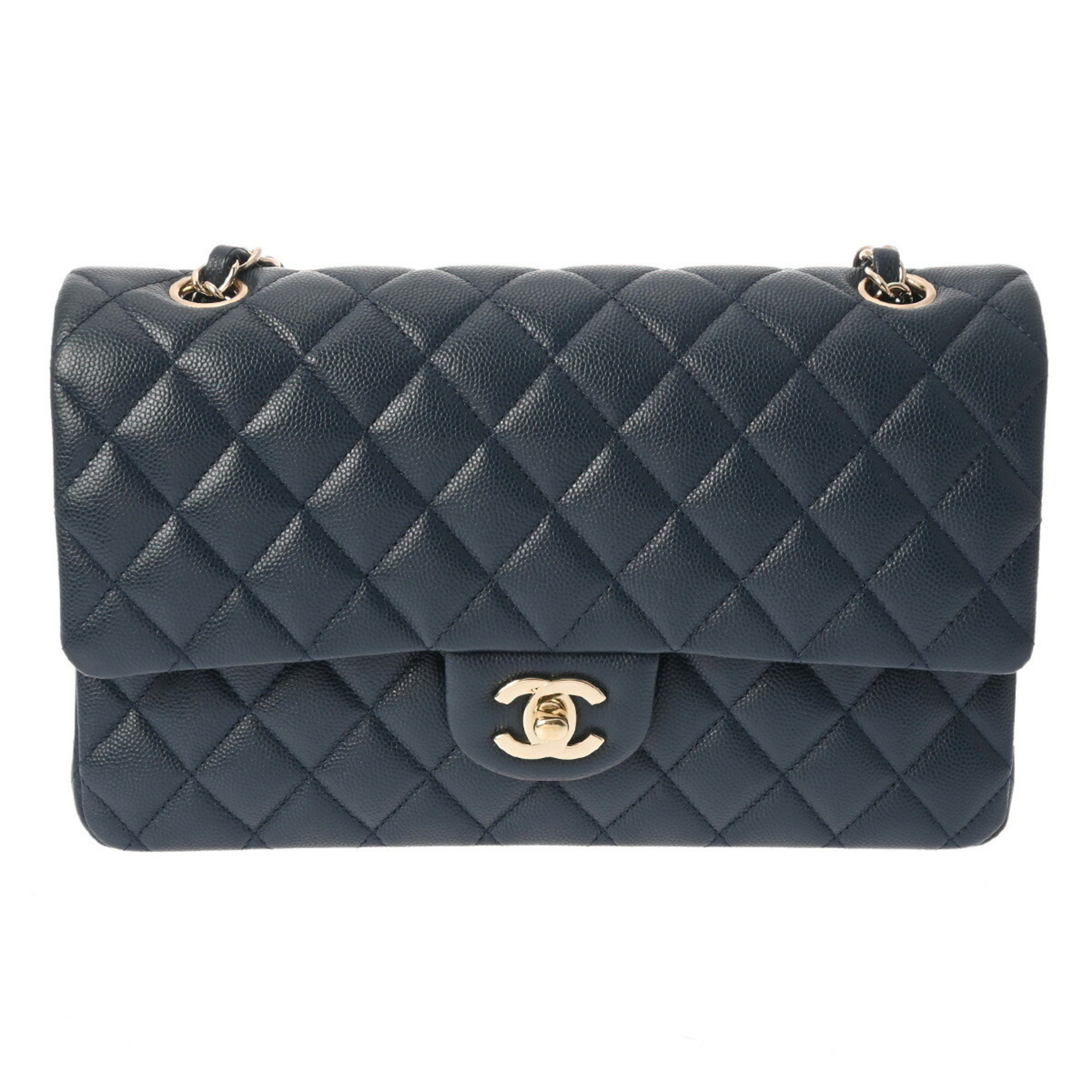 CHANEL Chanel Matelasse Chain Shoulder Double Flap 25cm Navy A01112 Women's Caviar Skin Bag