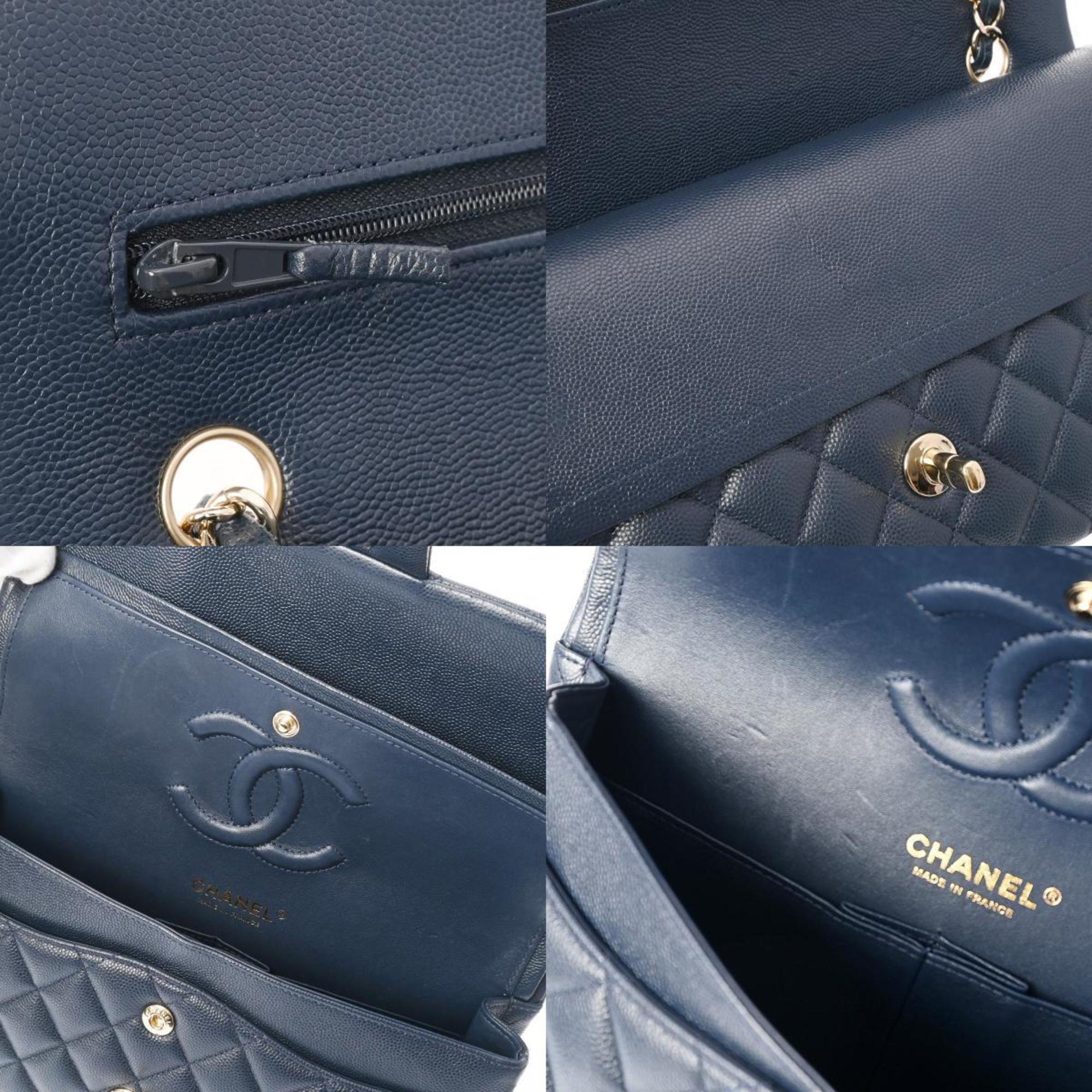 CHANEL Chanel Matelasse Chain Shoulder Double Flap 25cm Navy A01112 Women's Caviar Skin Bag