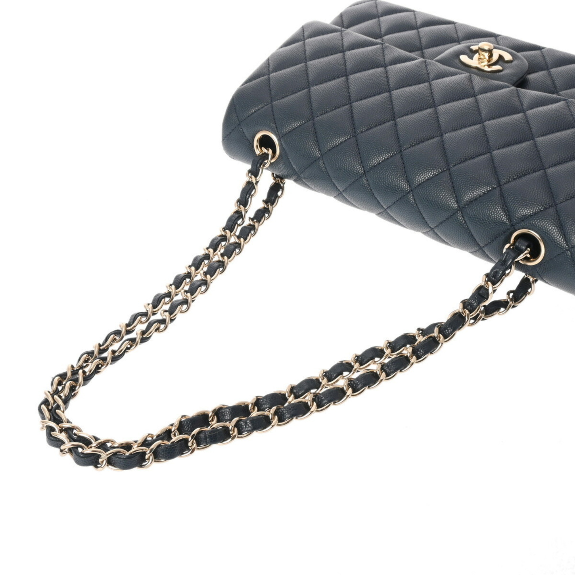 CHANEL Chanel Matelasse Chain Shoulder Double Flap 25cm Navy A01112 Women's Caviar Skin Bag