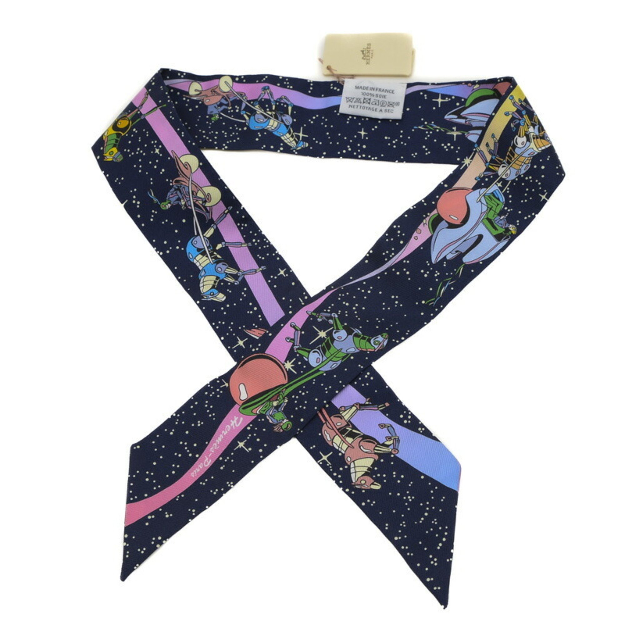 Hermes Twilly Space Derby Scarf Marine Rose Multicolor 100% Silk