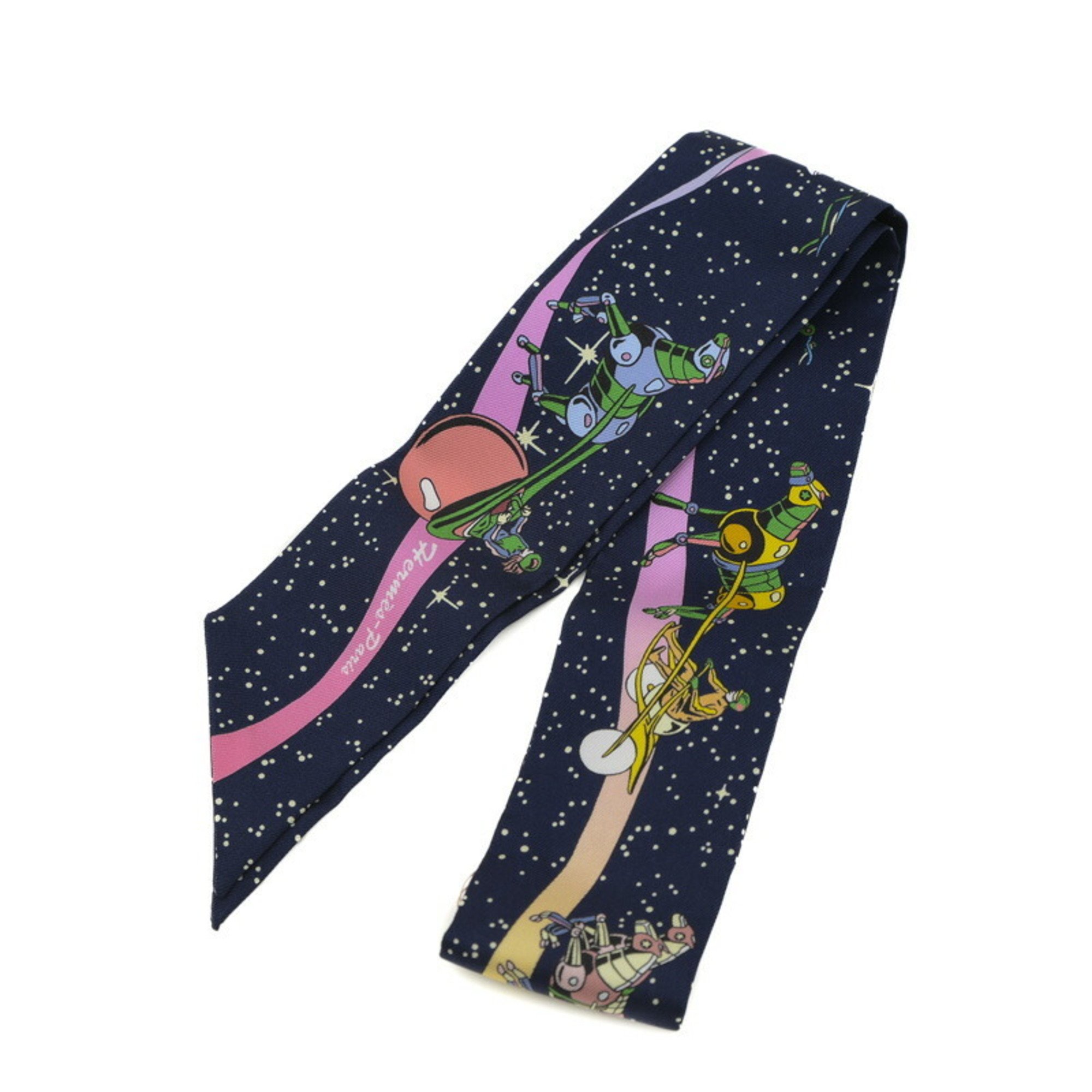 Hermes Twilly Space Derby Scarf Marine Rose Multicolor 100% Silk