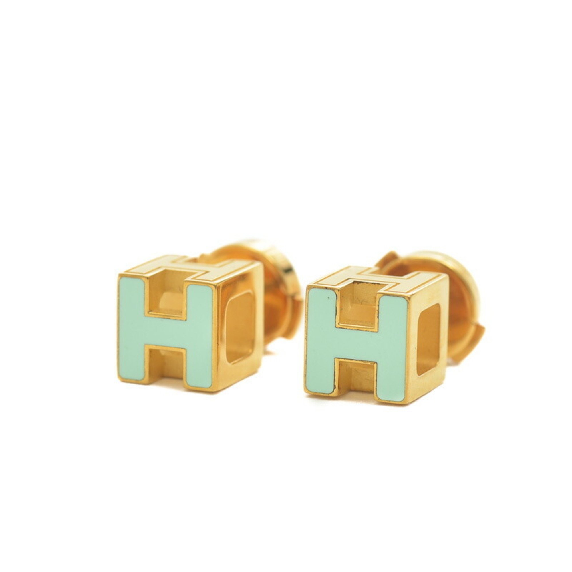 Hermes H Cube Earrings Light Green Gold