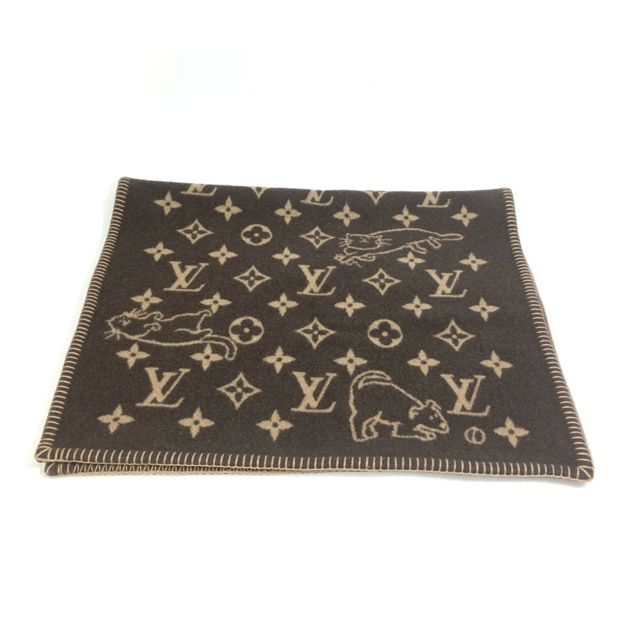 LOUIS VUITTON MP2260 Blanket Couverture Small Catgram Cat Animal Wool Cashmere Women's Brown