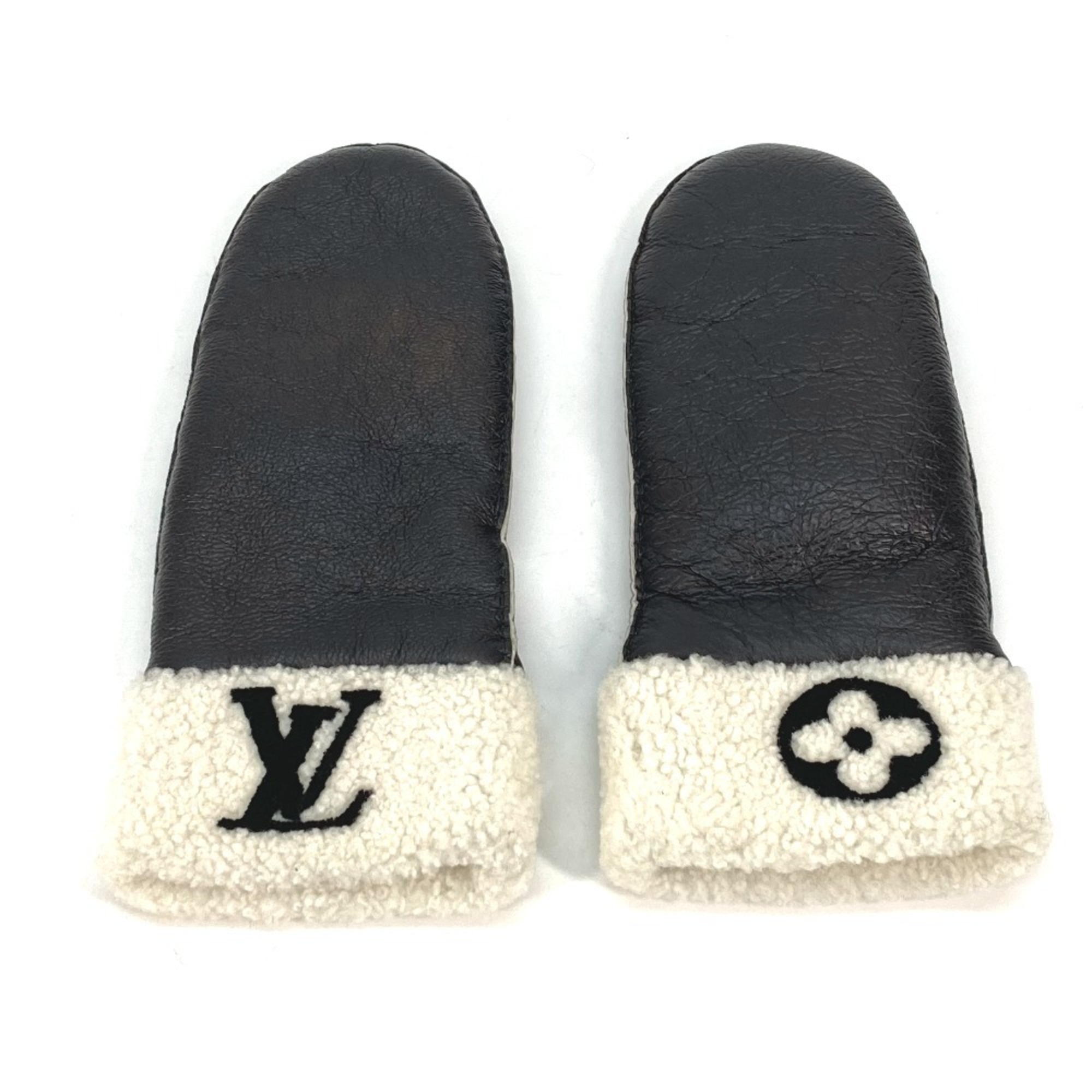 LOUIS VUITTON M77052 Bicolor Muff Shirring Signature Gloves Sheepskin Women's Black