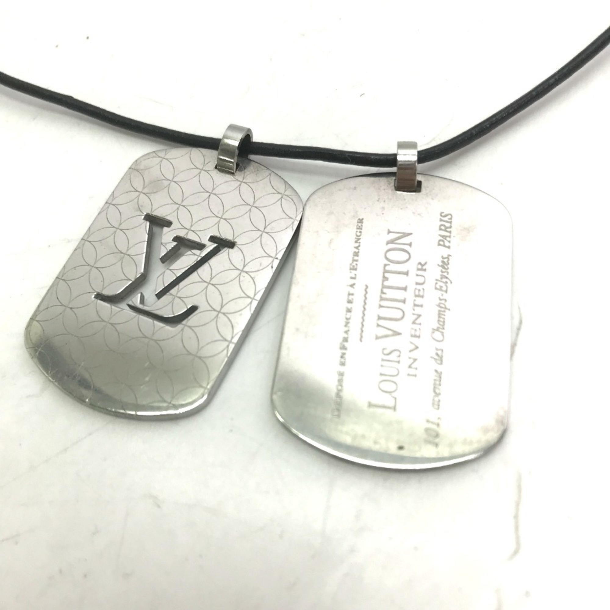 LOUIS VUITTON M65453 Pendant Champs Elysees GM Leather Cord Necklace SS Men's Silver