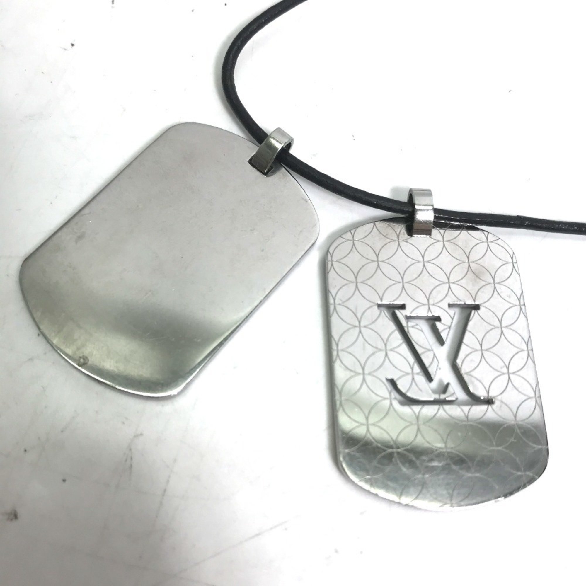 LOUIS VUITTON M65453 Pendant Champs Elysees GM Leather Cord Necklace SS Men's Silver