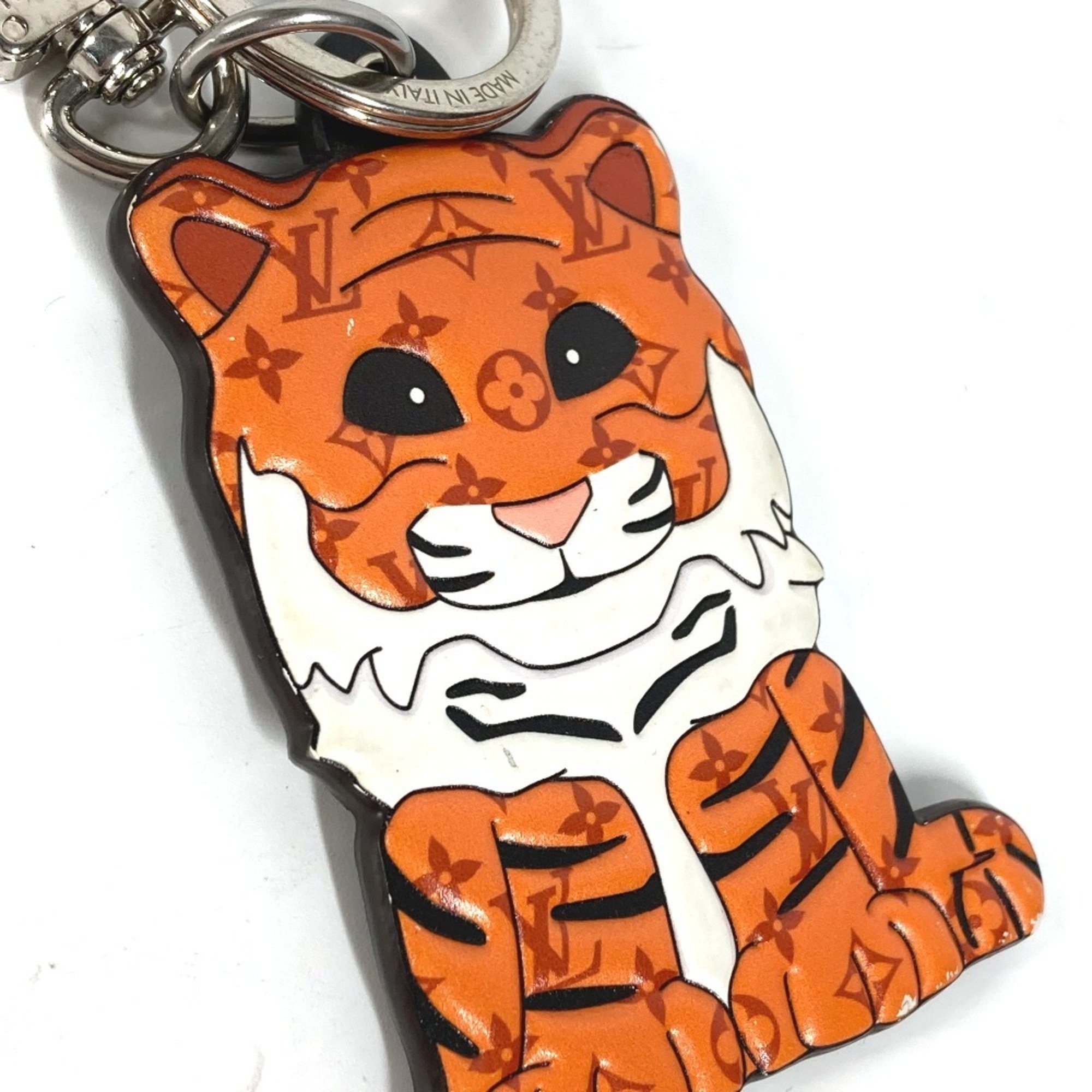 LOUIS VUITTON M77174 Porto Cle Tiger Animal Bag Charm Keychain Leather Women's Orange