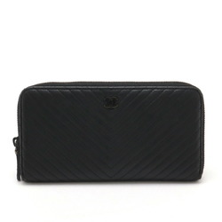 CHANEL Chevron V-stitch round long wallet Coco mark lambskin leather black