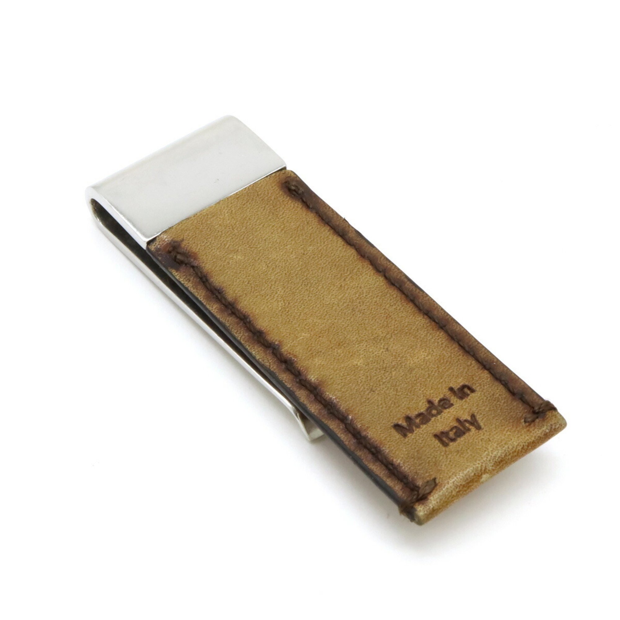 Berluti Money Clip Bill Metal Leather Silver Brown