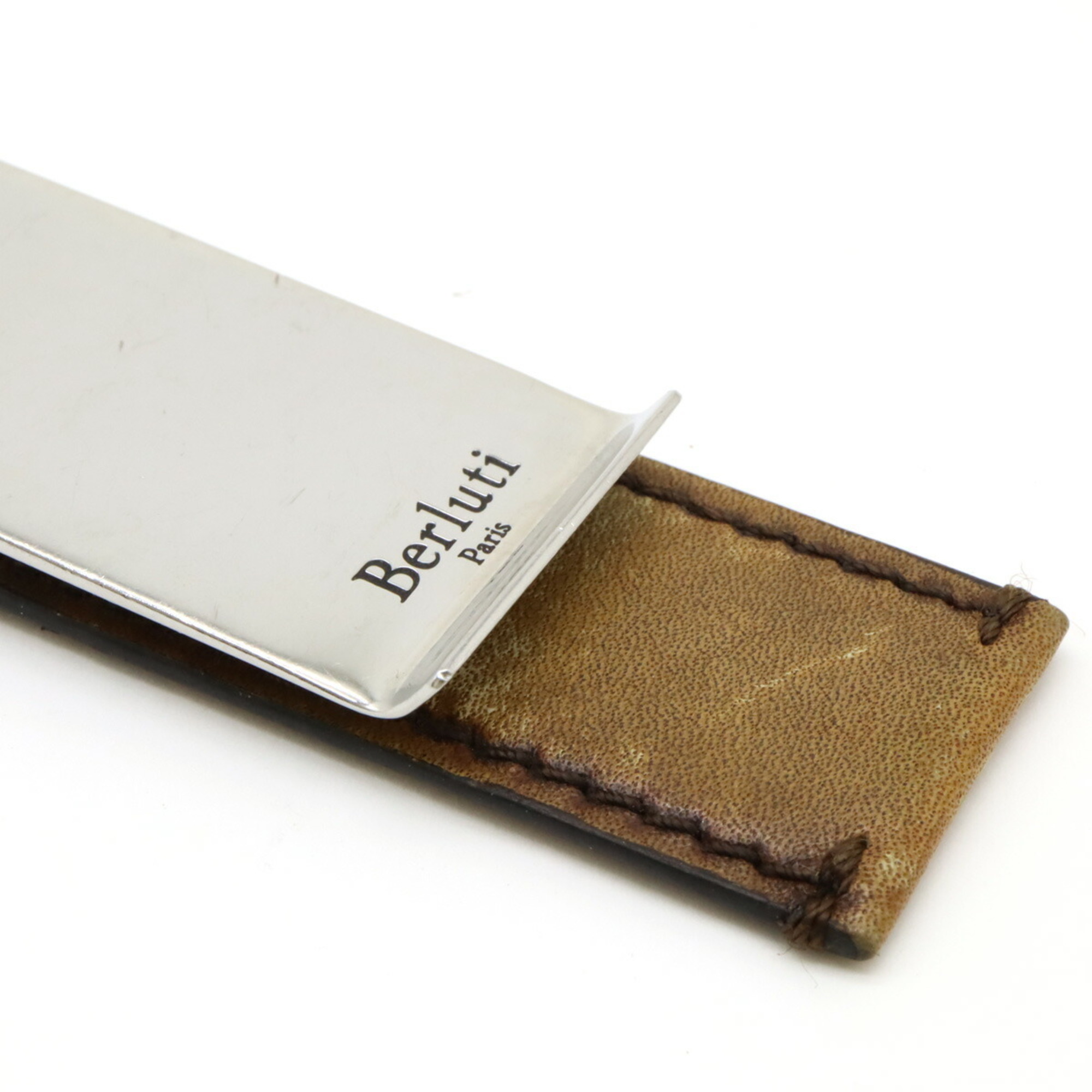 Berluti Money Clip Bill Metal Leather Silver Brown