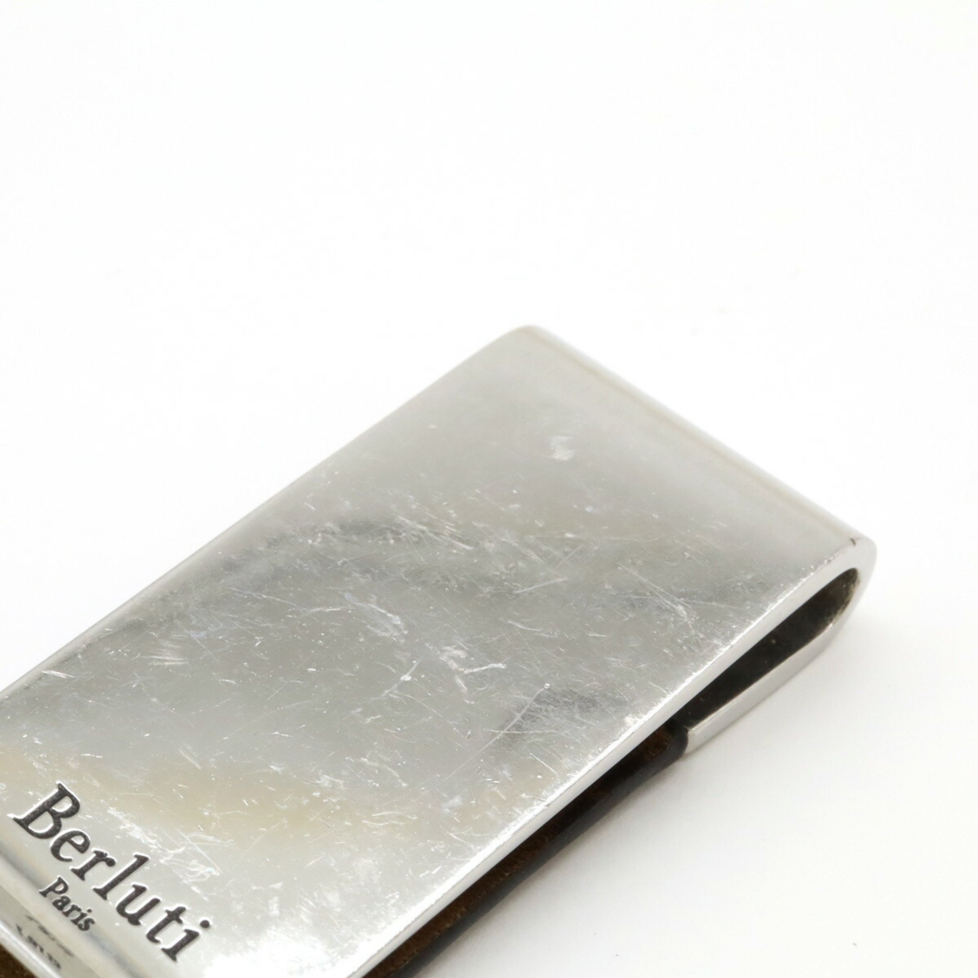 Berluti Money Clip Bill Metal Leather Silver Brown