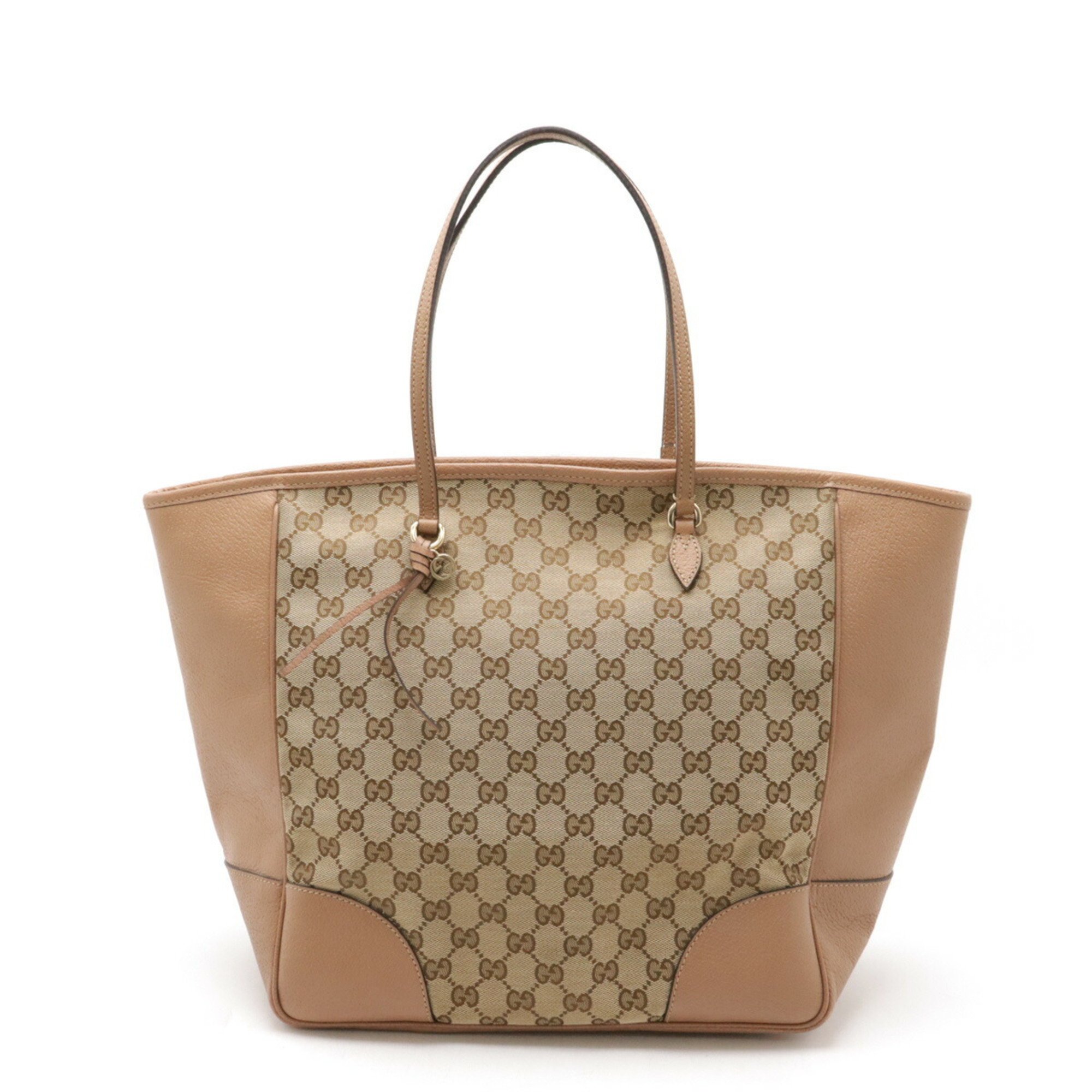 GUCCI GG Canvas Tote Bag Shoulder Leather Khaki Beige 323671