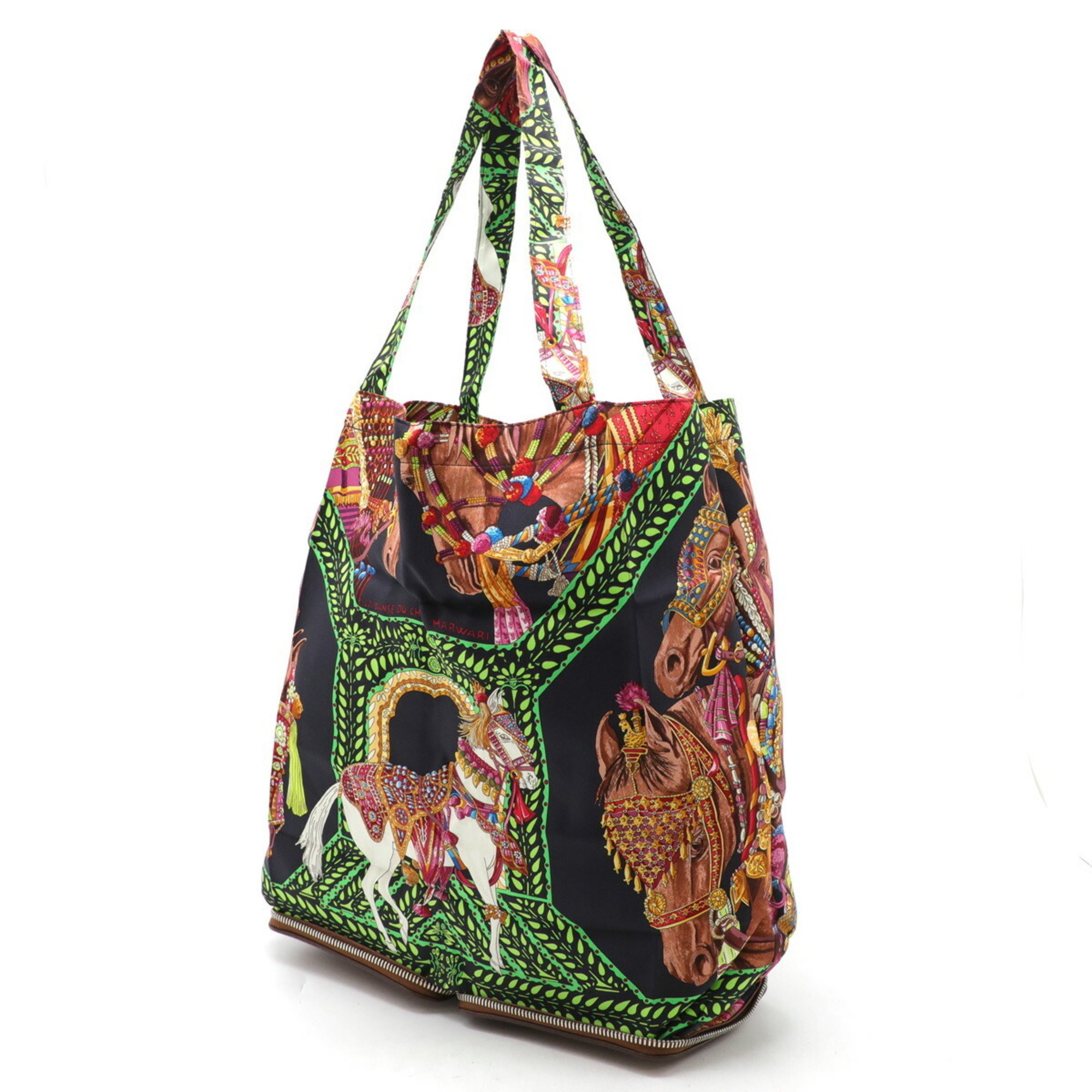 HERMES Silky Pop Eco Bag Tote Folding LA DANSE DU CHEVAL MARWARI Marwari Horse Dance Buffle Skipper Silk Brown □L Engraved