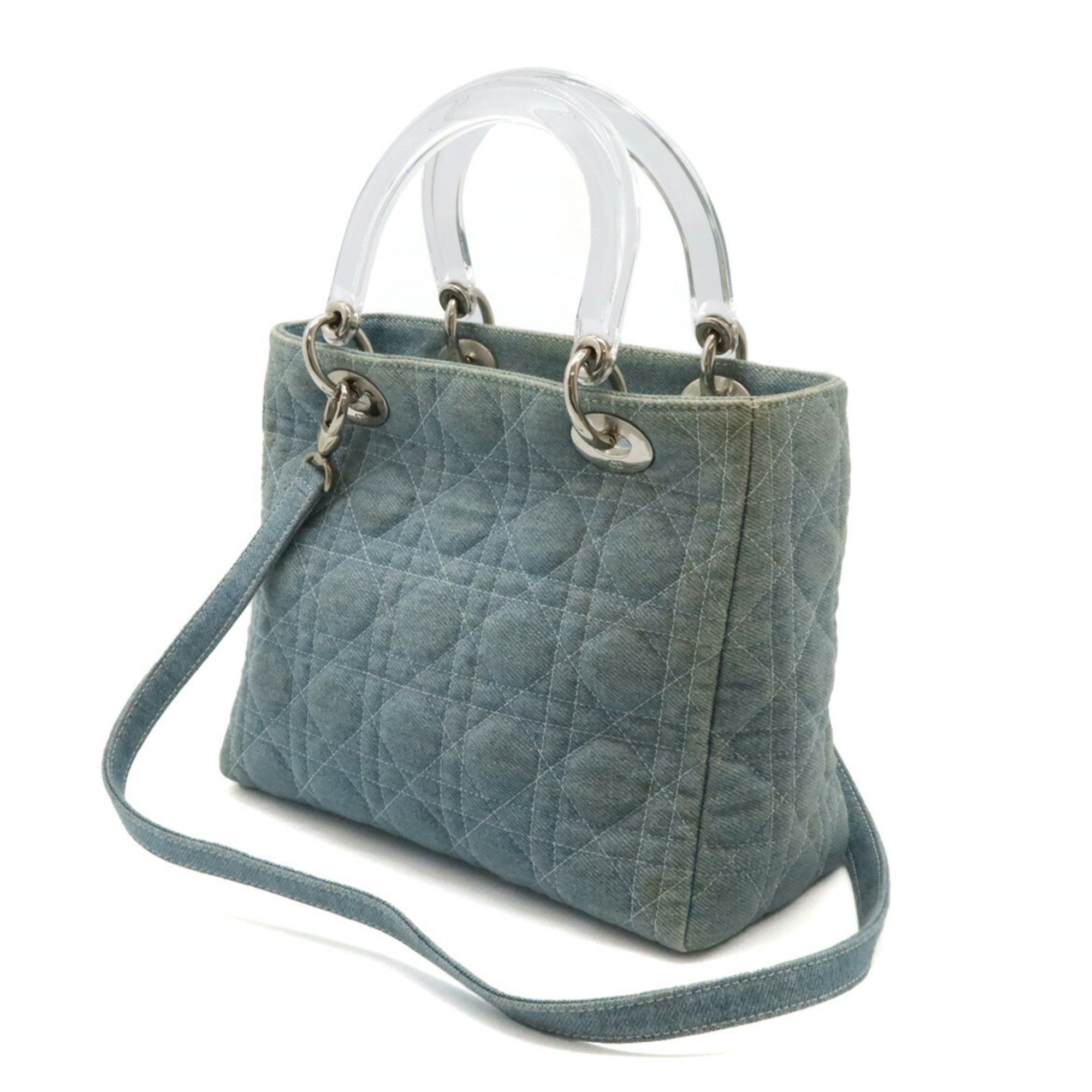 Christian Dior Lady Cannage Handbag Shoulder Bag Denim Light Blue Clear