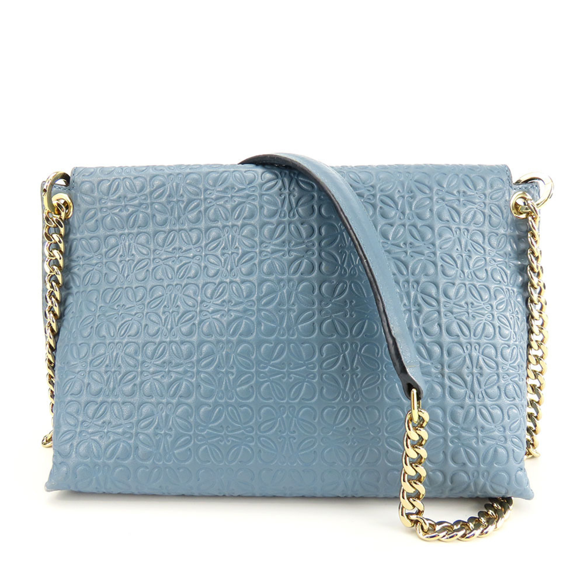 LOEWE Shoulder Bag Anagram Leather Blue Chain Women's