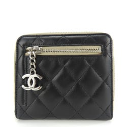 Chanel Bi-fold Wallet Matelasse Lambskin Black Beige 1 Compact Round Women's CHANEL