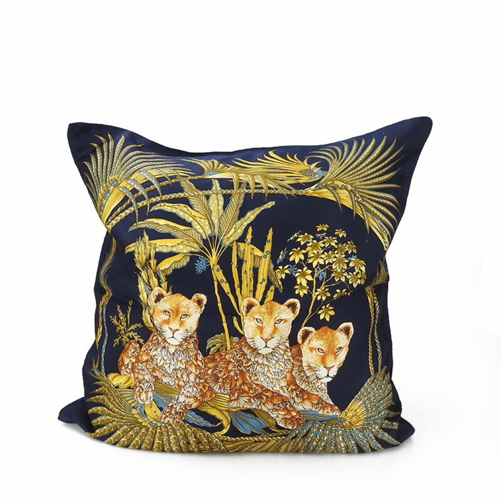 Salvatore Ferragamo Accessories Cushion Silk Navy Yellow Animal Lion Women Men