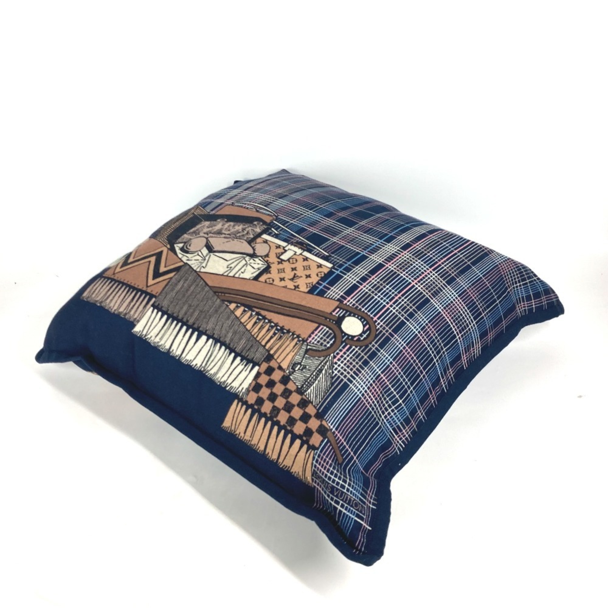 LOUIS VUITTON MP2101 Monogram Check Pattern Pillow Cushion Wool Silk Men's Navy