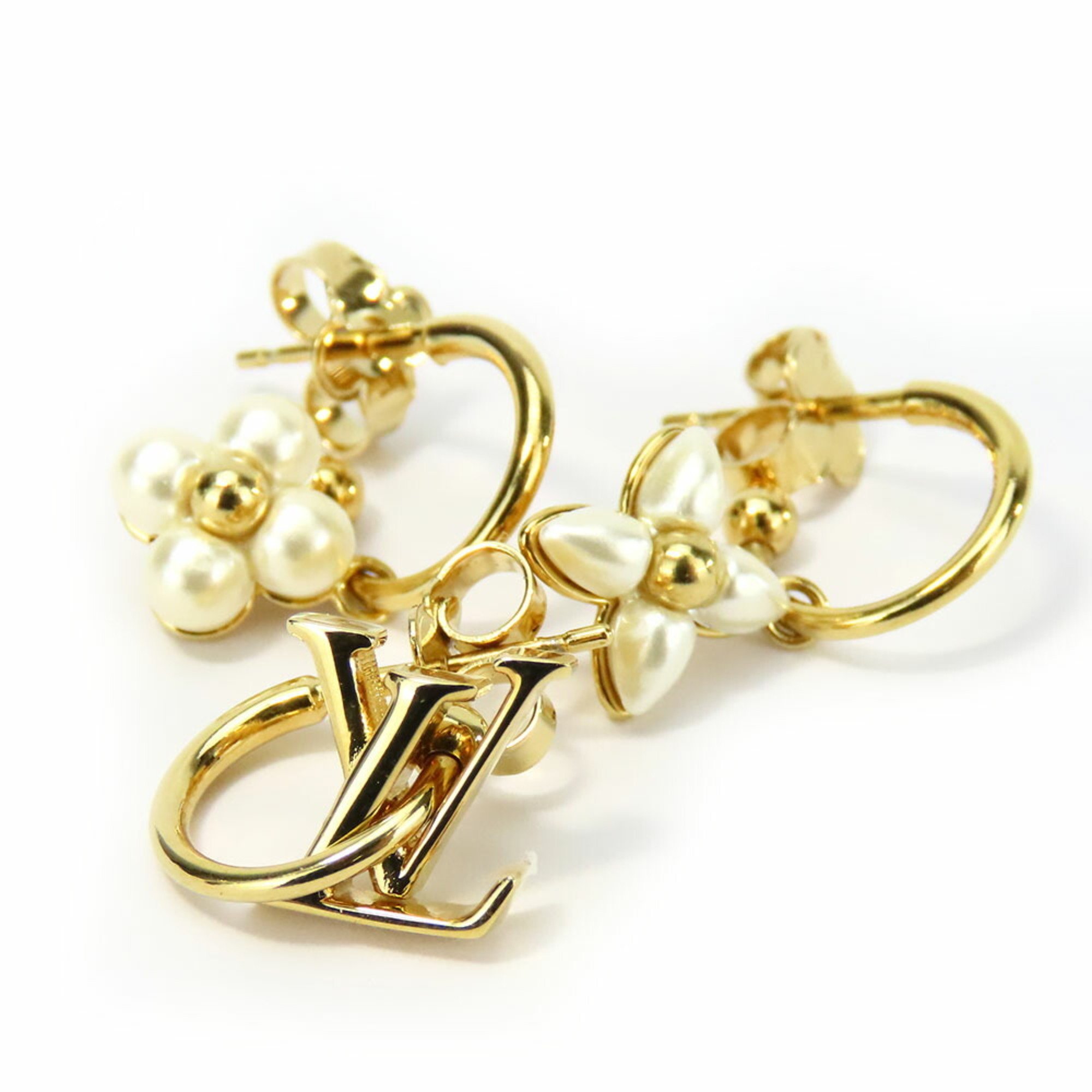 Louis Vuitton Floragram M01025 Earrings, Metal, Gold, White, 3-Piece, Asymmetrical, Women's, LOUIS VUITTON