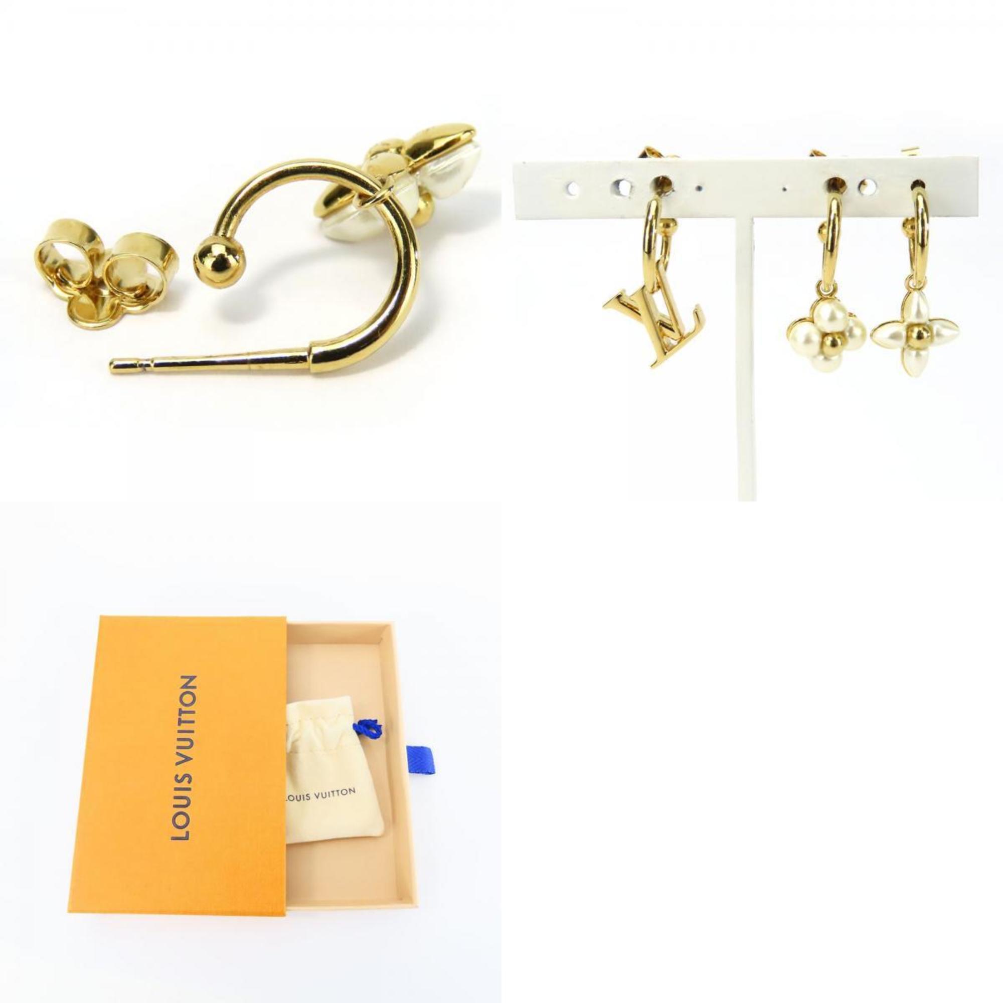 Louis Vuitton Floragram M01025 Earrings, Metal, Gold, White, 3-Piece, Asymmetrical, Women's, LOUIS VUITTON