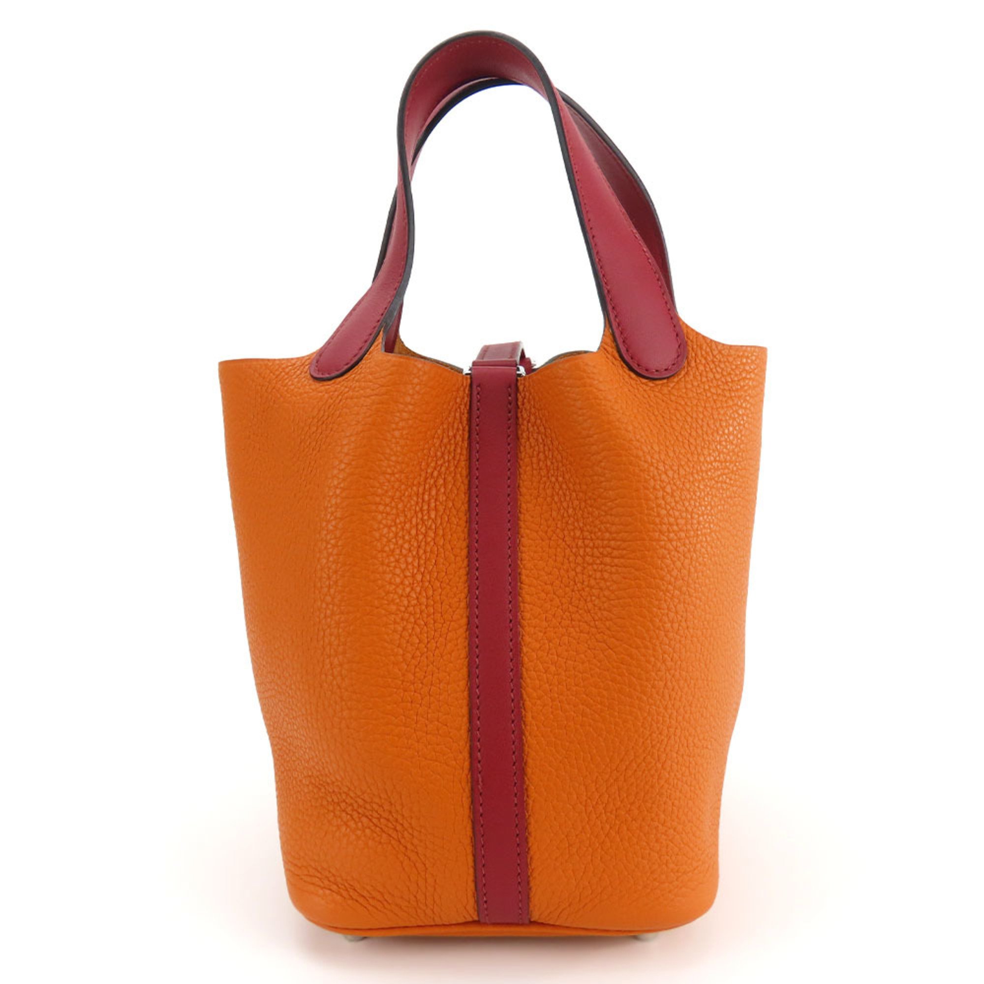 Hermes Handbag Picotin Lock 18 PM Taurillon Clemence Orange Rouge Grenat X Stamp Bicolor Women's HERMES