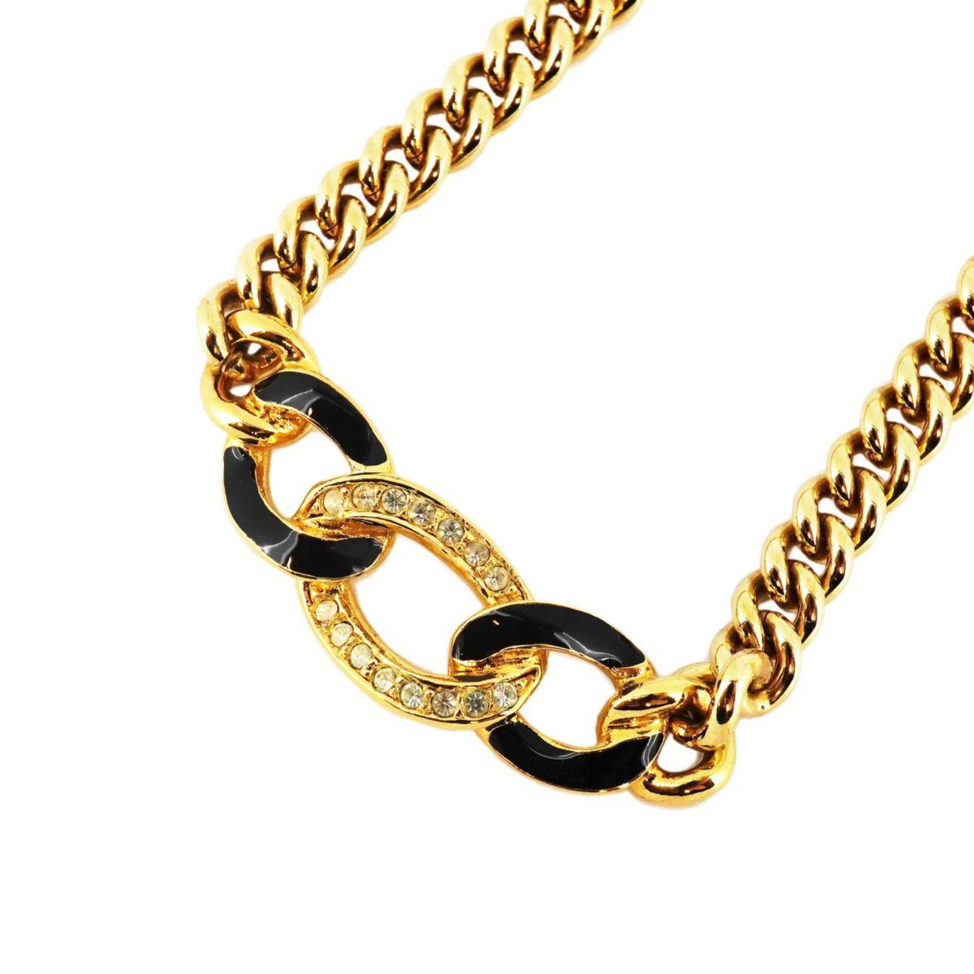 Christian Dior Necklace Chain Rhinestone GP Plated Gold Black Women's