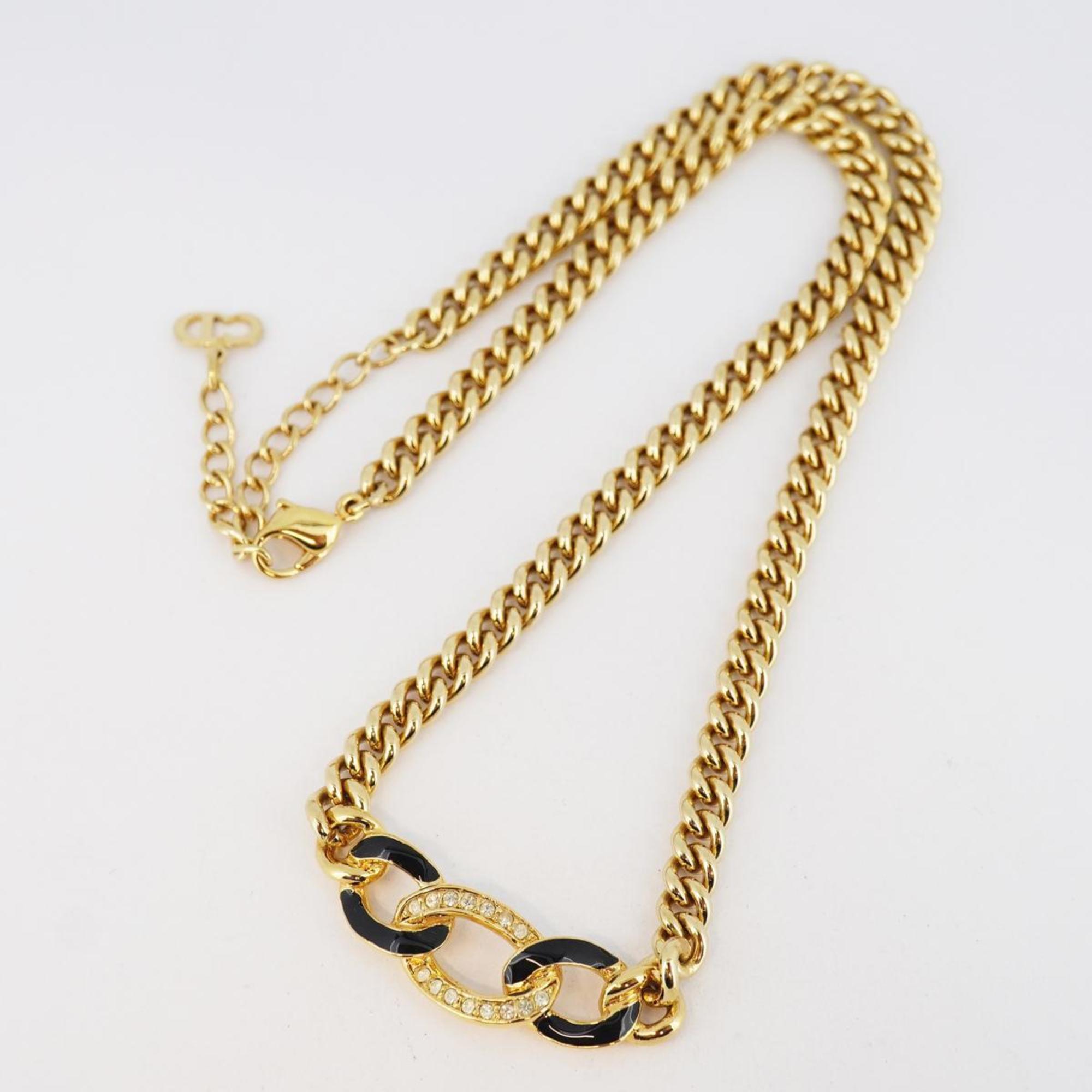 Christian Dior Necklace Chain Rhinestone GP Plated Gold Black Women's