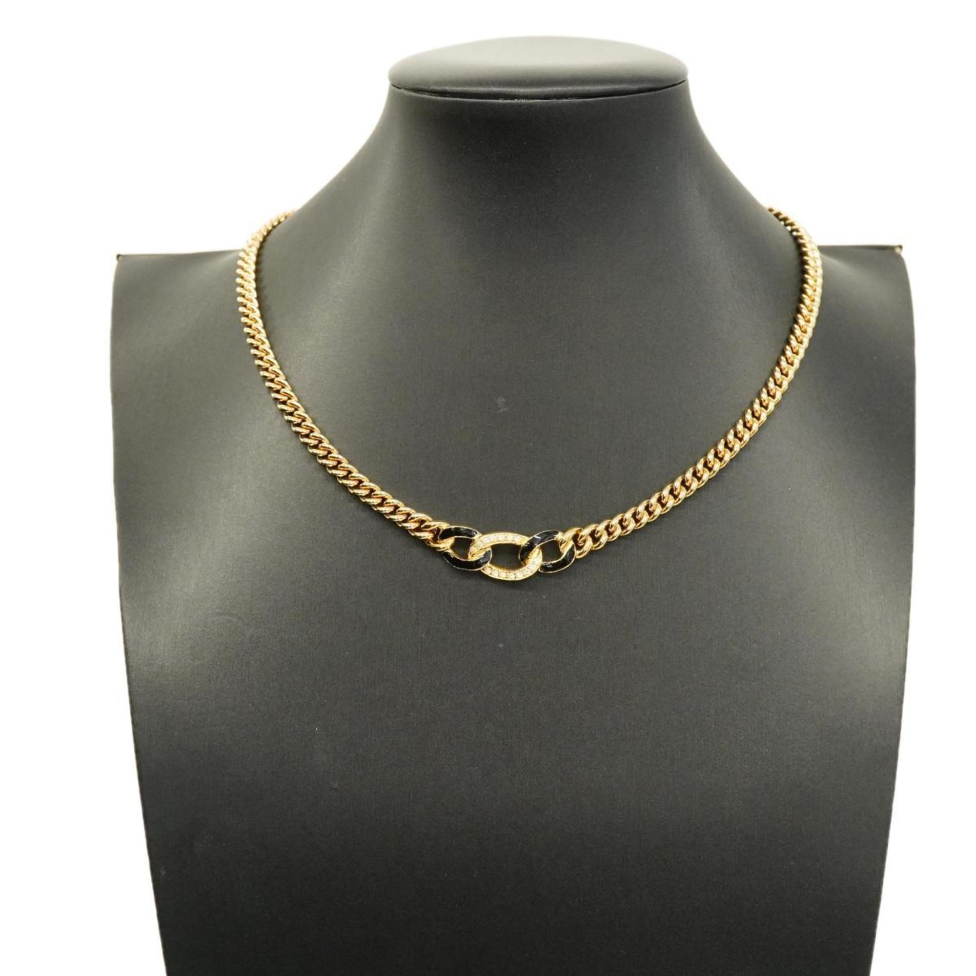 Christian Dior Necklace Chain Rhinestone GP Plated Gold Black Women's