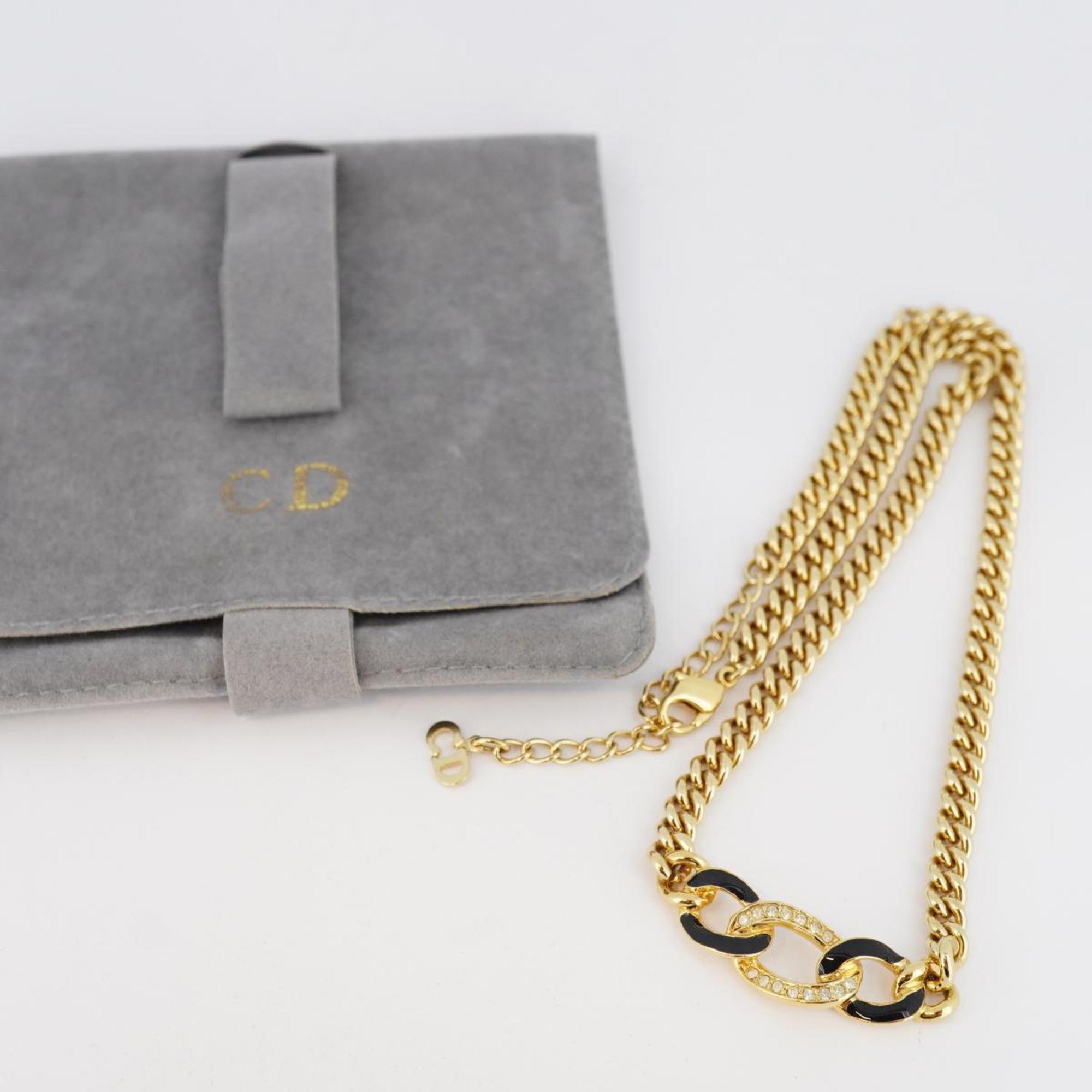 Christian Dior Necklace Chain Rhinestone GP Plated Gold Black Women's