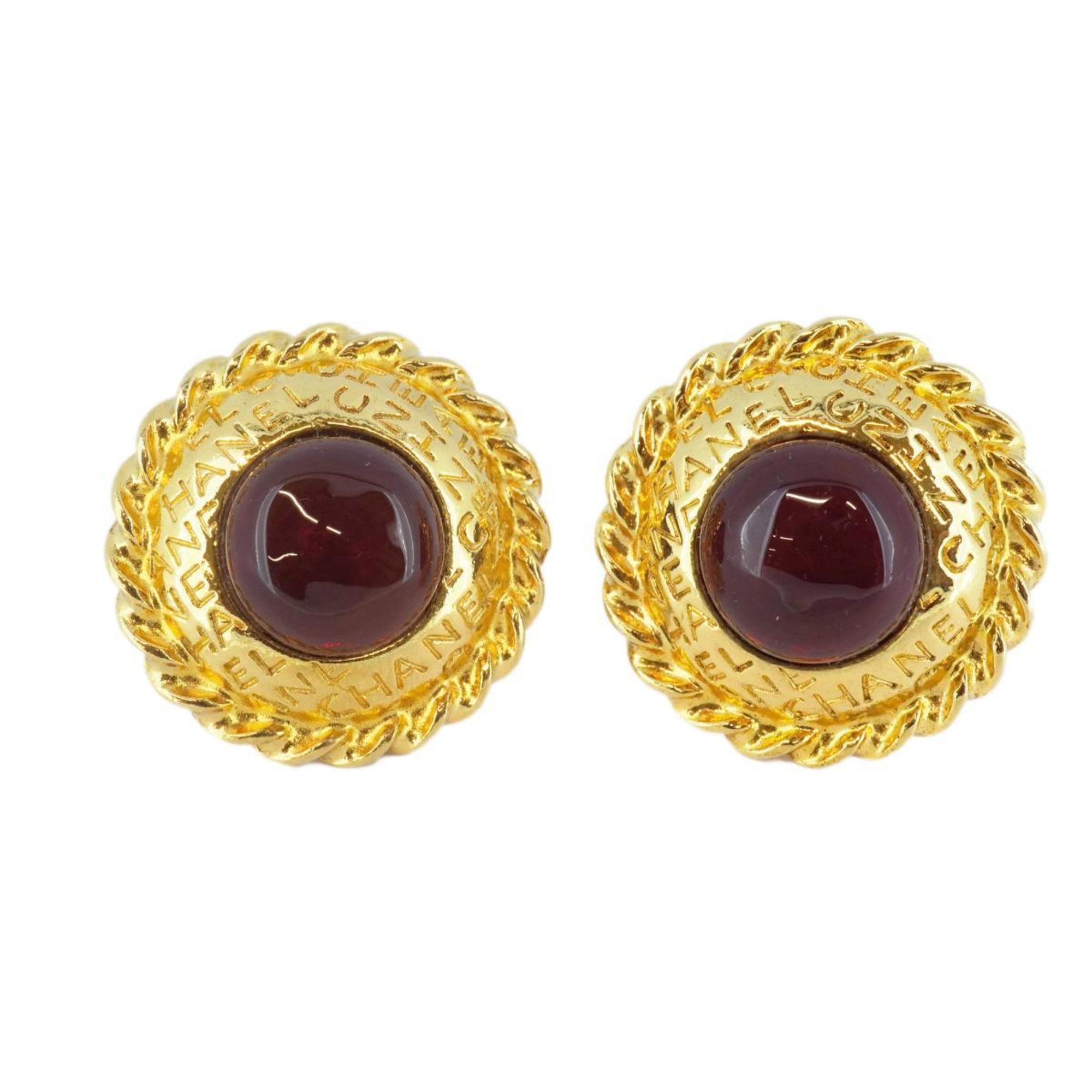 Chanel Earrings Circle Color Stone GP Plated Gold Red Women's